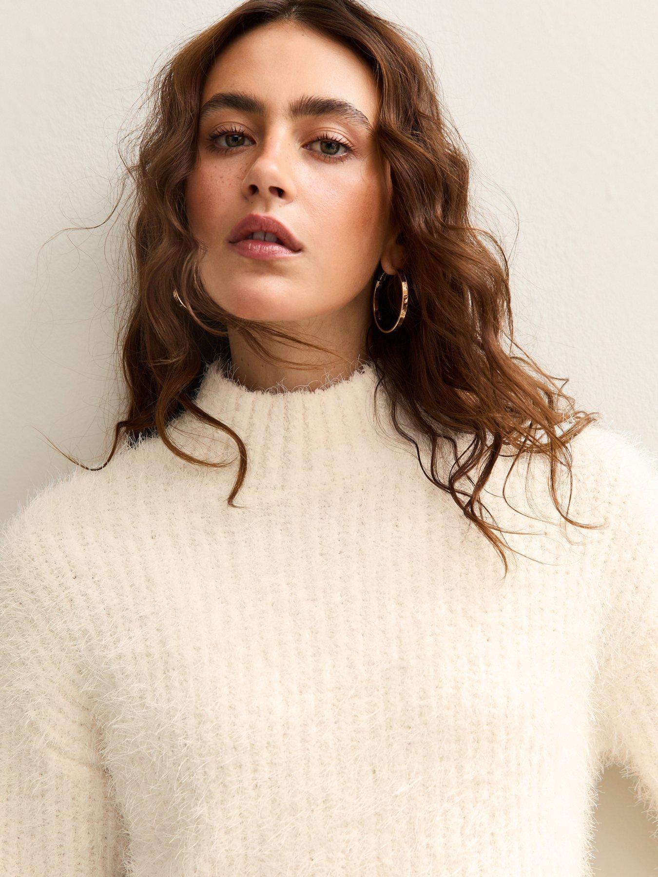  image of new-look-white-fluffy-ribbed-high-neck-jumper
