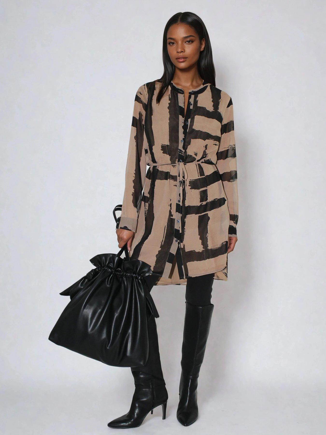  image of religion-zoe-abstract-stripe-long-line-tunic-dress-brown