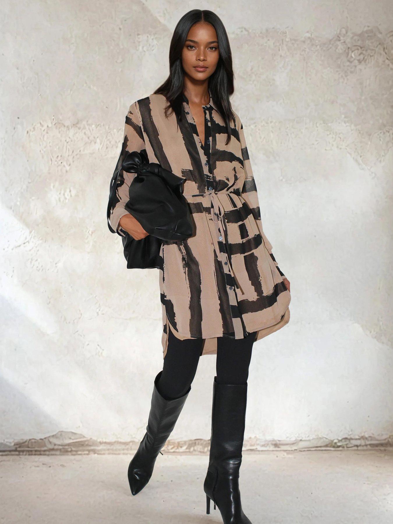  image of religion-zoe-abstract-stripe-long-line-tunic-dress-brown