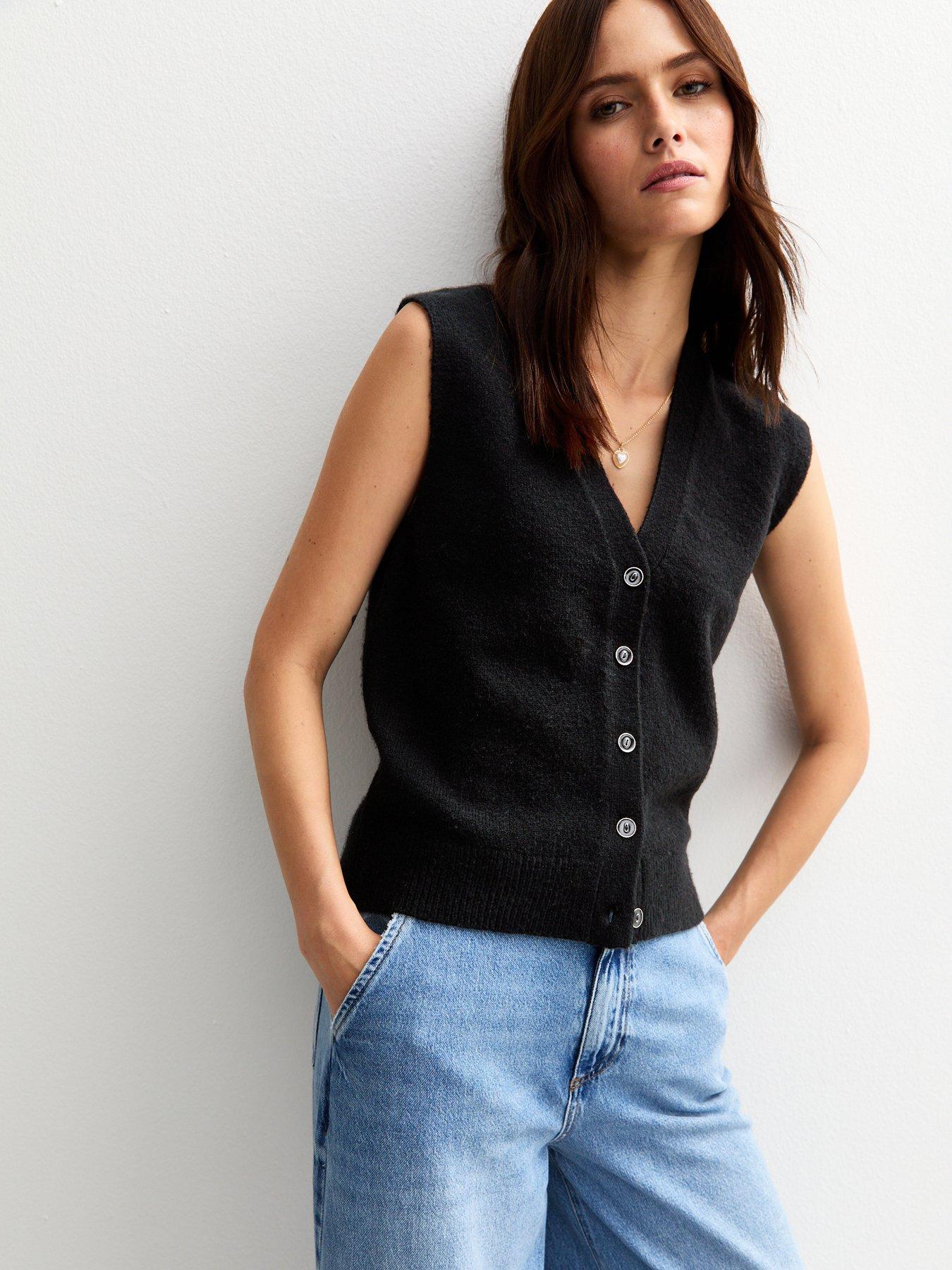 New Look Black Button Up Knit Waistcoat