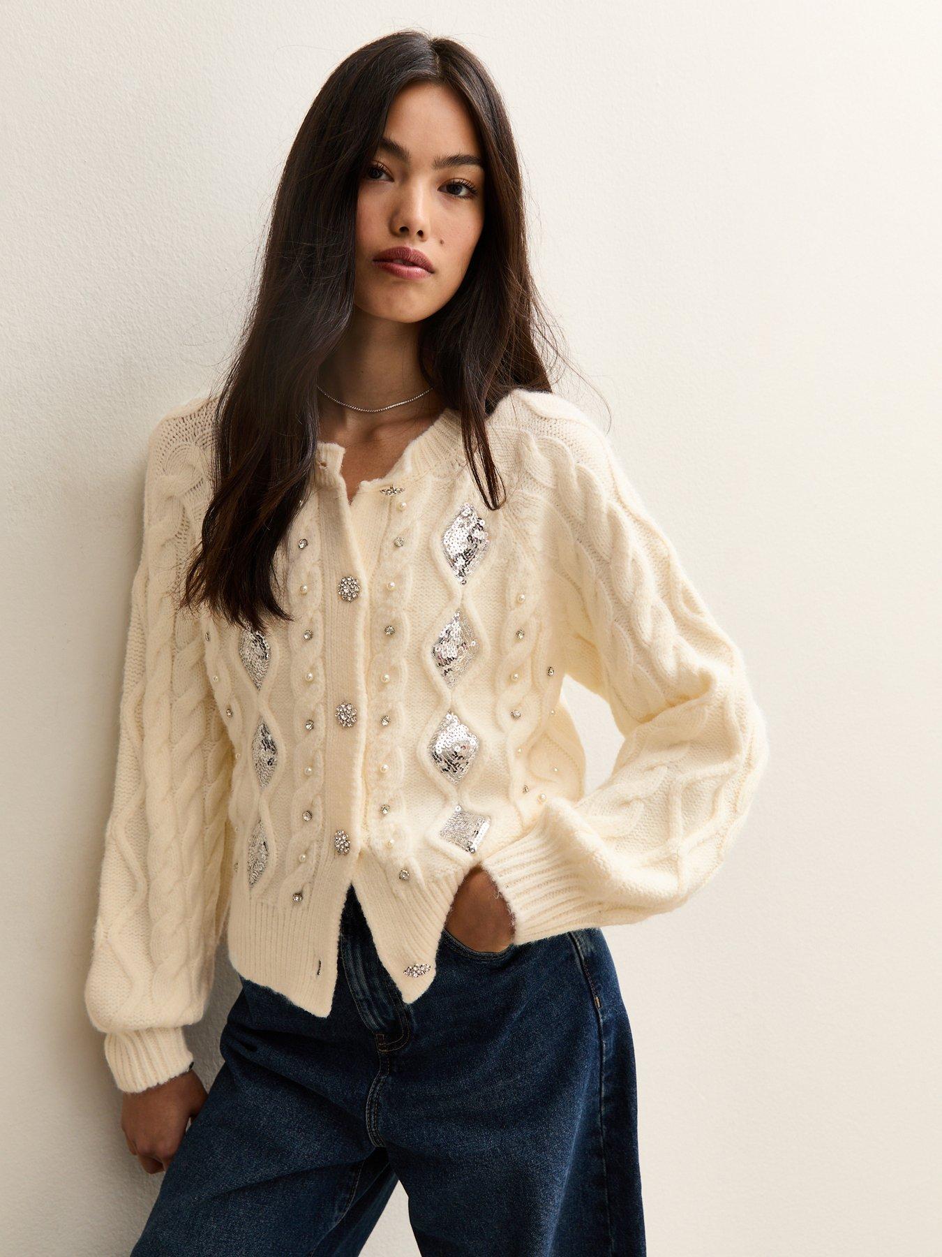 New Look Cable Knit Sequin Embellished Cardigan - Off White
