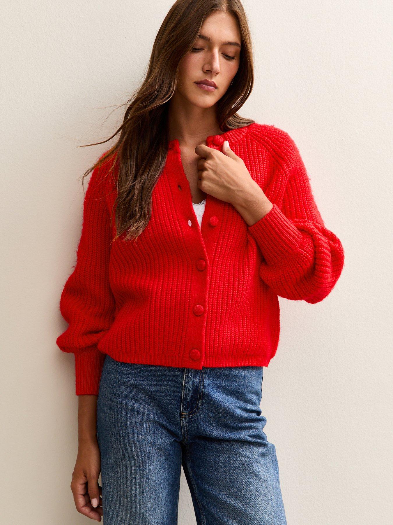 New Look Ribbed Knit Raglan Sleeve Cardigan - Red