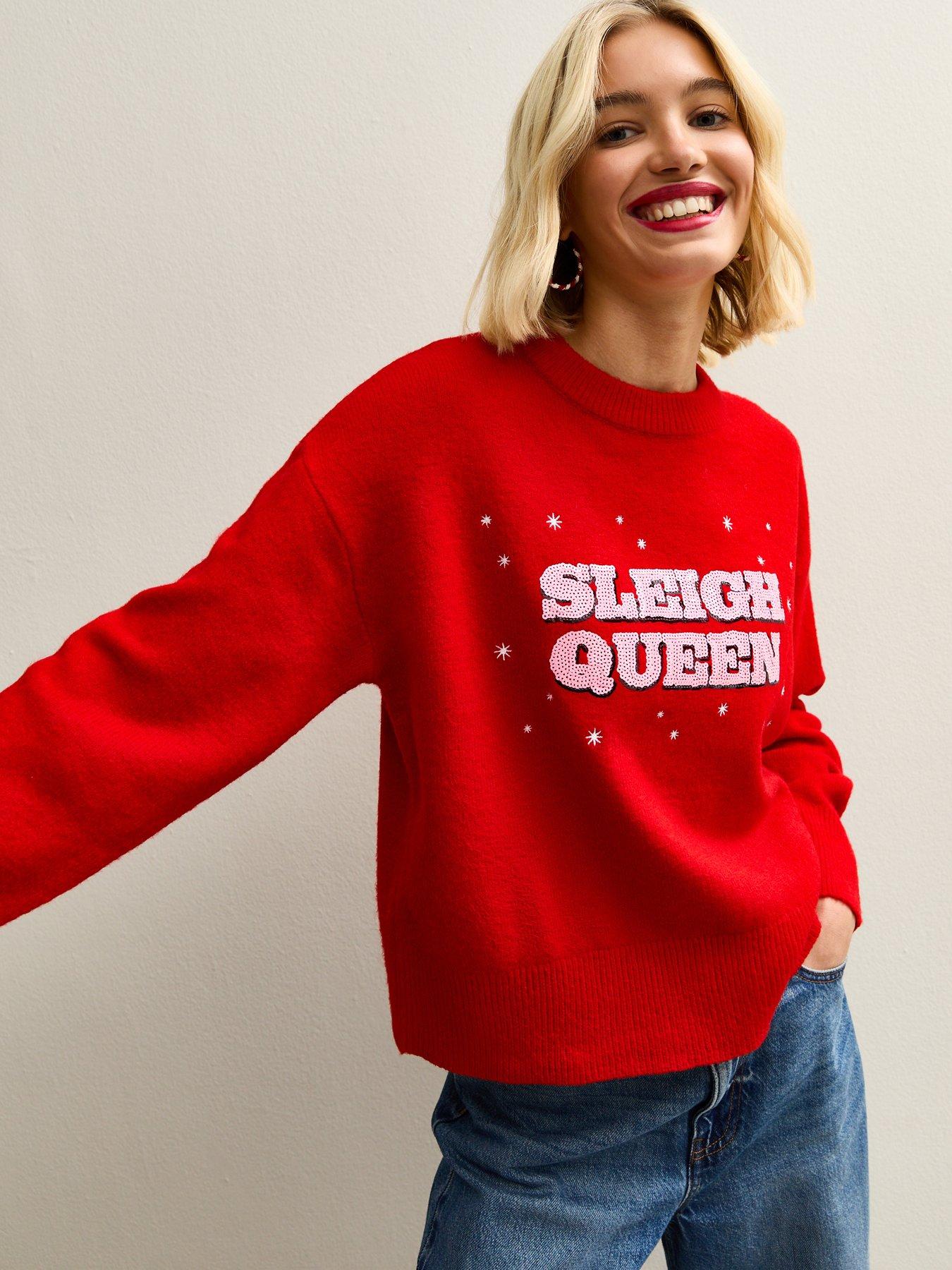 New Look Sequinned Sleigh Queen Christmas Jumper - Red