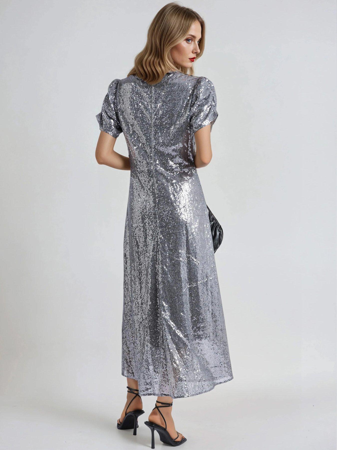  image of religion-naomi-sequin-puff-sleeve-tea-dress-metallic