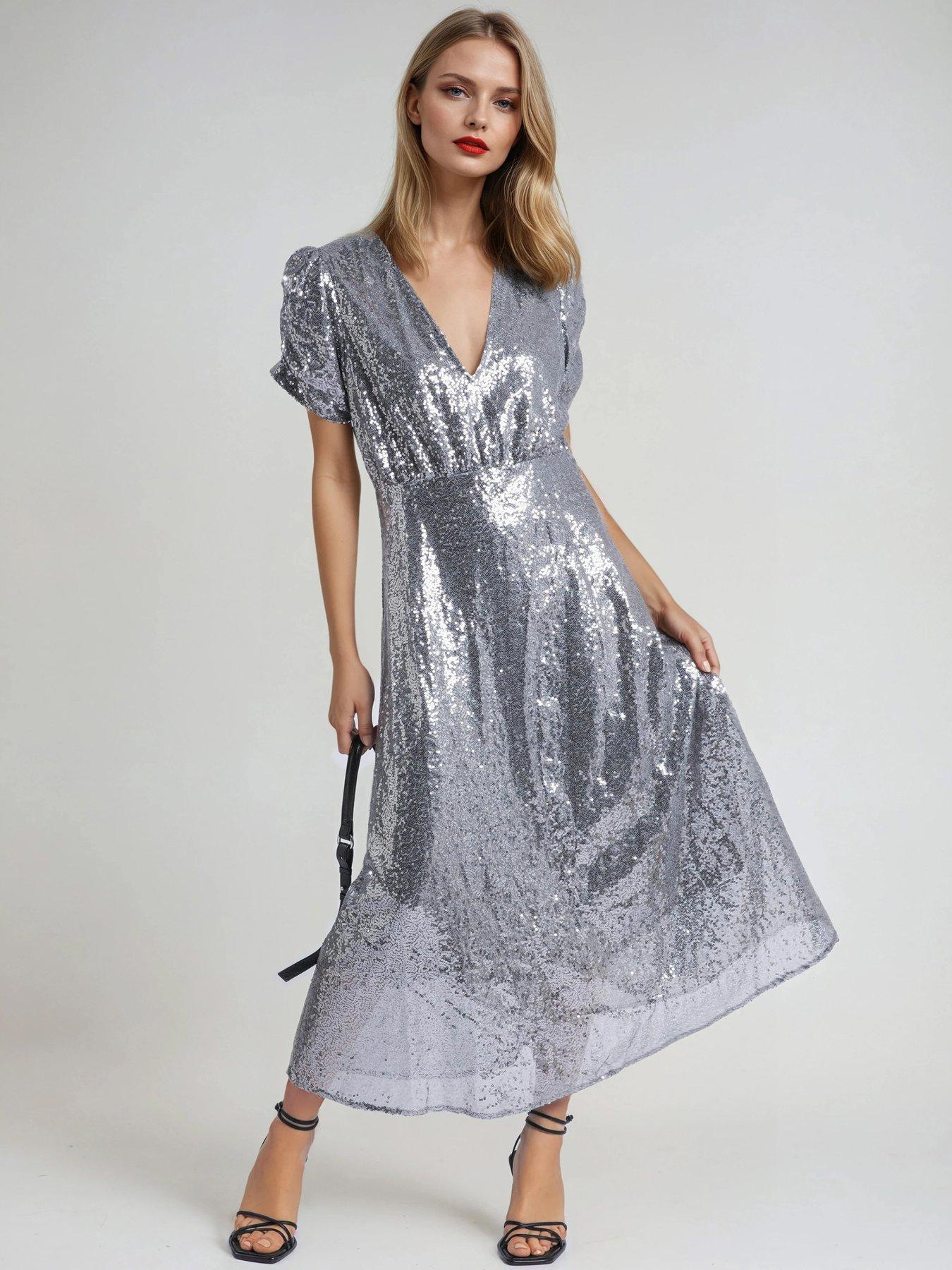  image of religion-naomi-sequin-puff-sleeve-tea-dress-metallic