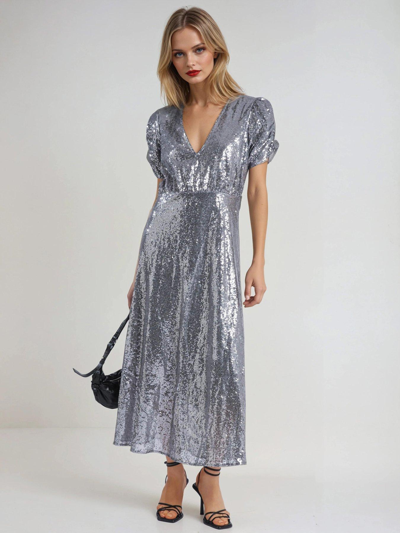  image of religion-naomi-sequin-puff-sleeve-tea-dress-metallic