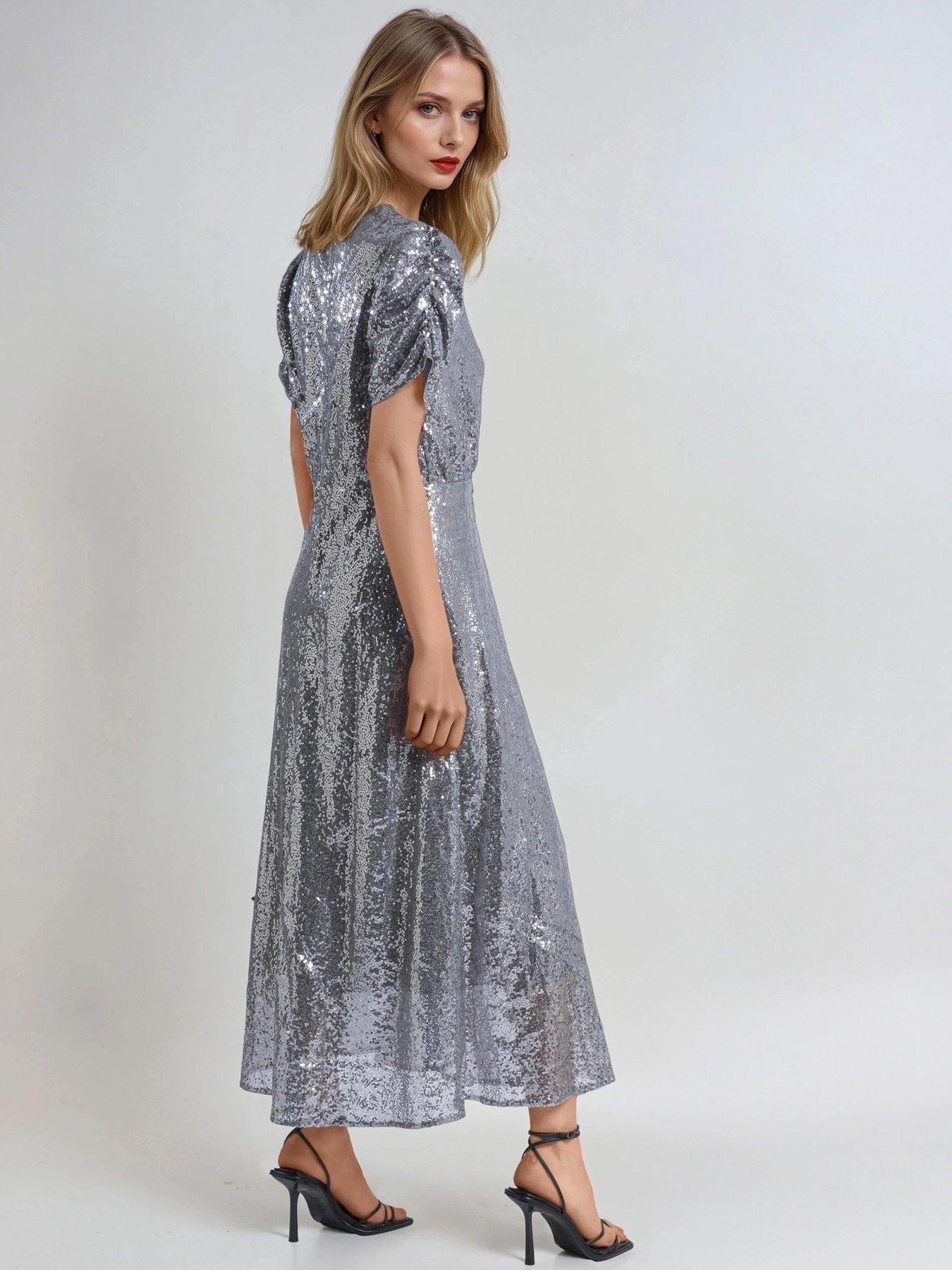 image of religion-naomi-sequin-puff-sleeve-tea-dress-metallic