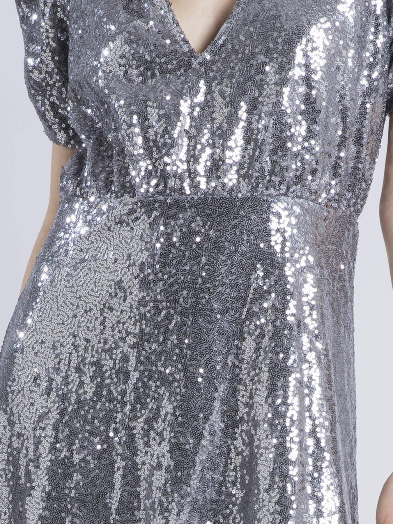  image of religion-naomi-sequin-puff-sleeve-tea-dress-metallic