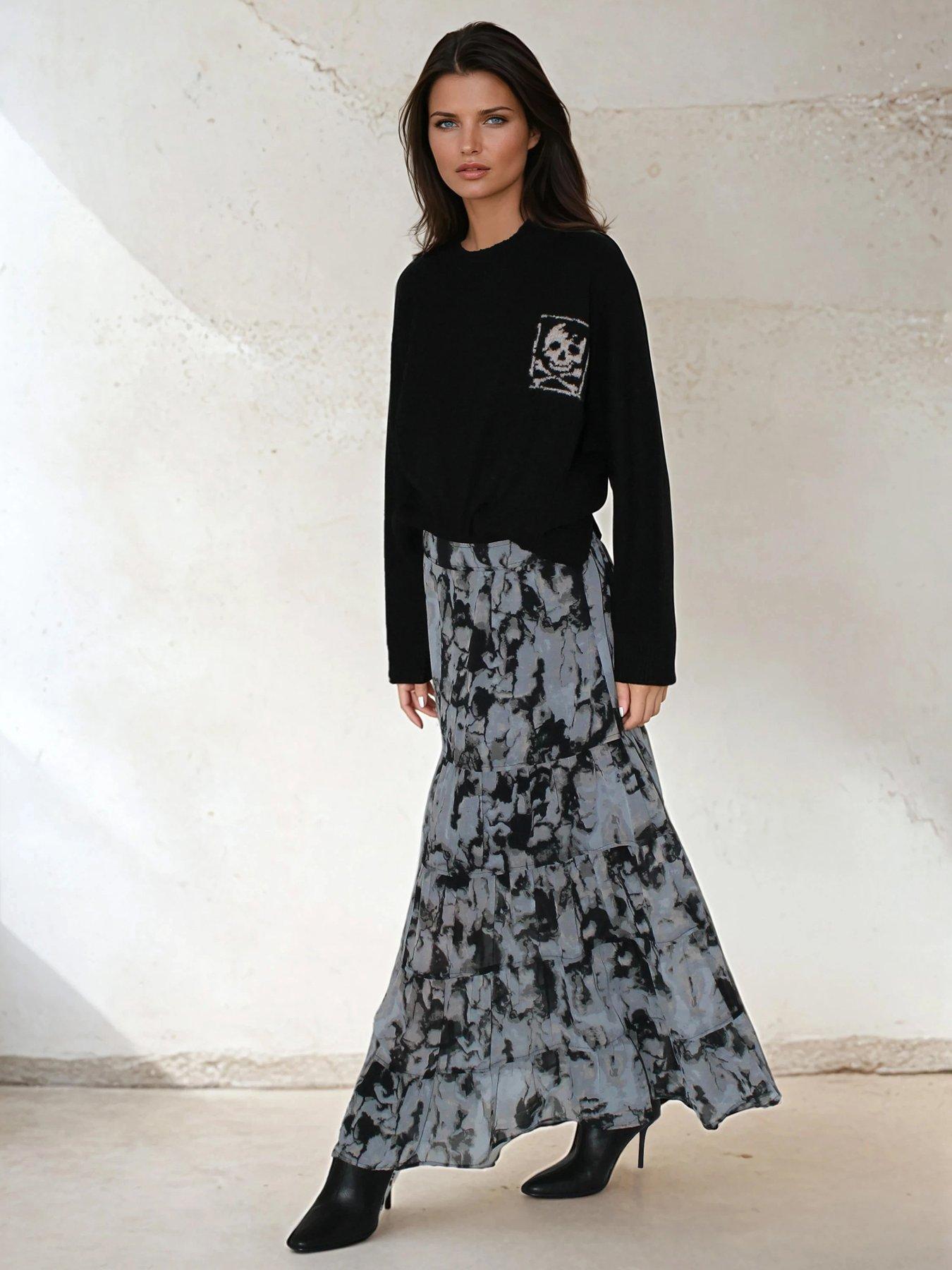 religion-citrine-tiered-abstract-maxi-skirt-black