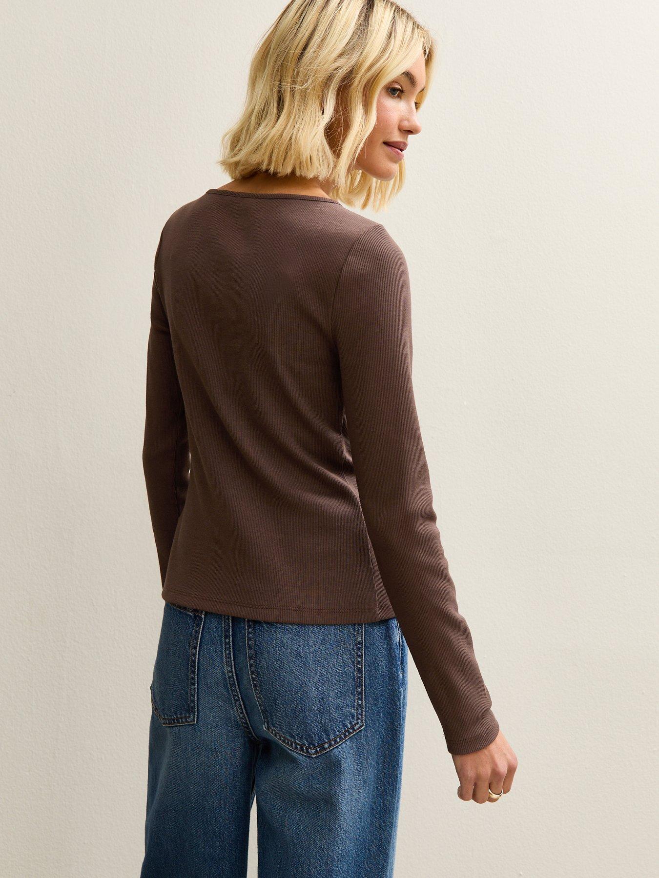 Image 2 of 5 of New Look Button Through Long Sleeve Top - Brown