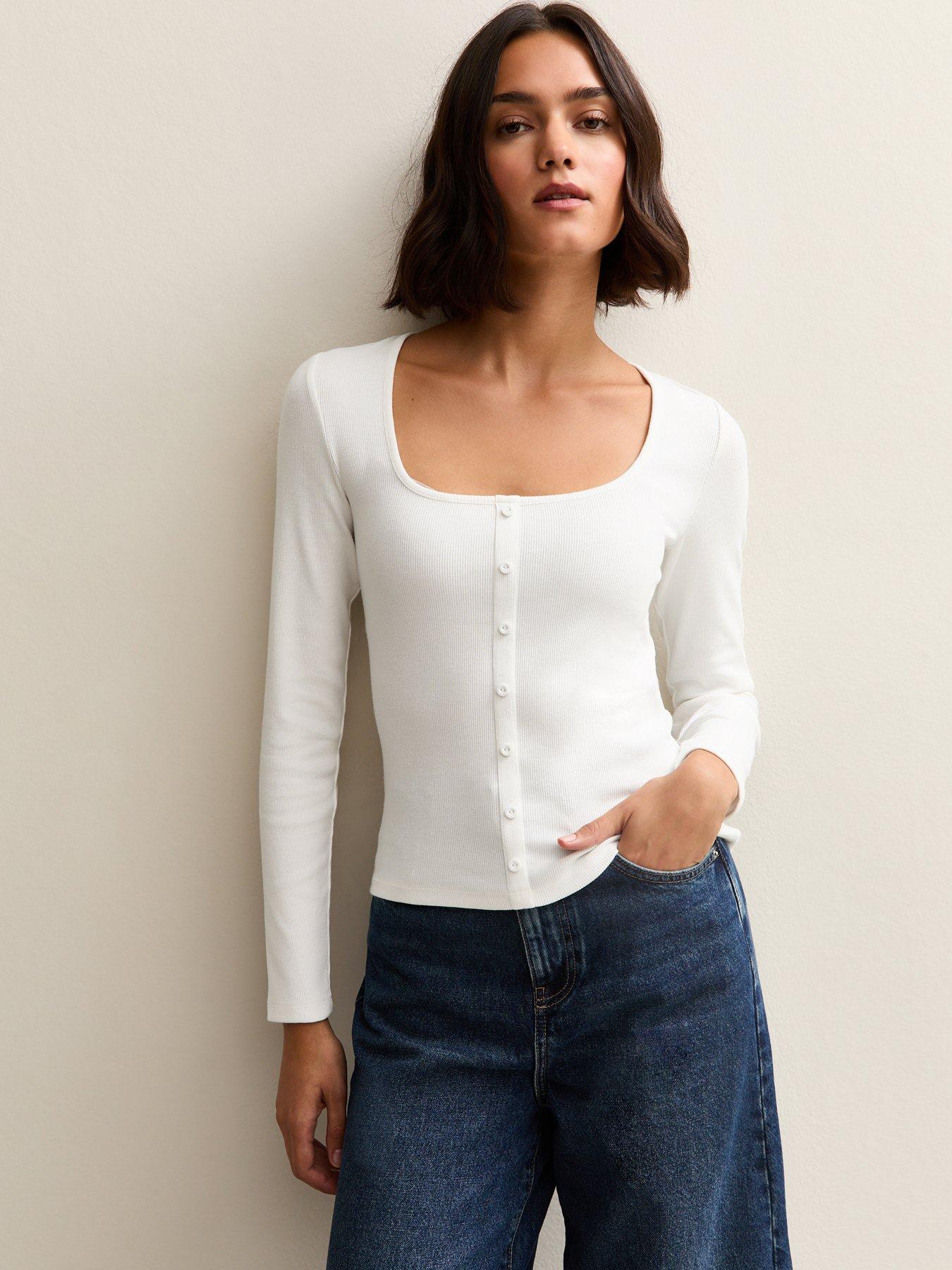  image of new-look-off-white-square-neck-button-detail-long-sleeve-top