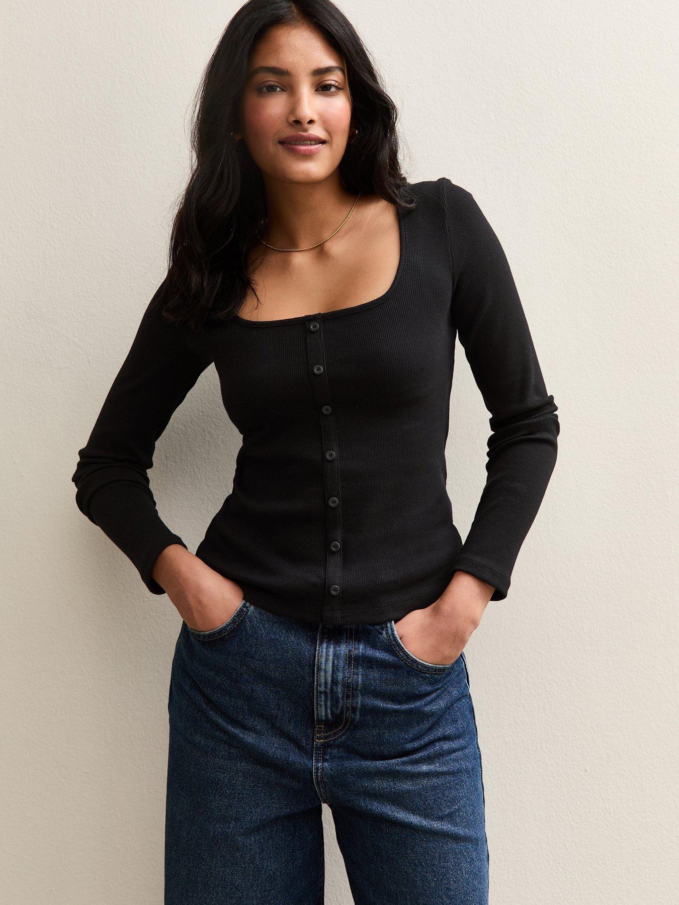  image of new-look-square-neck-button-detail-long-sleeve-top-black