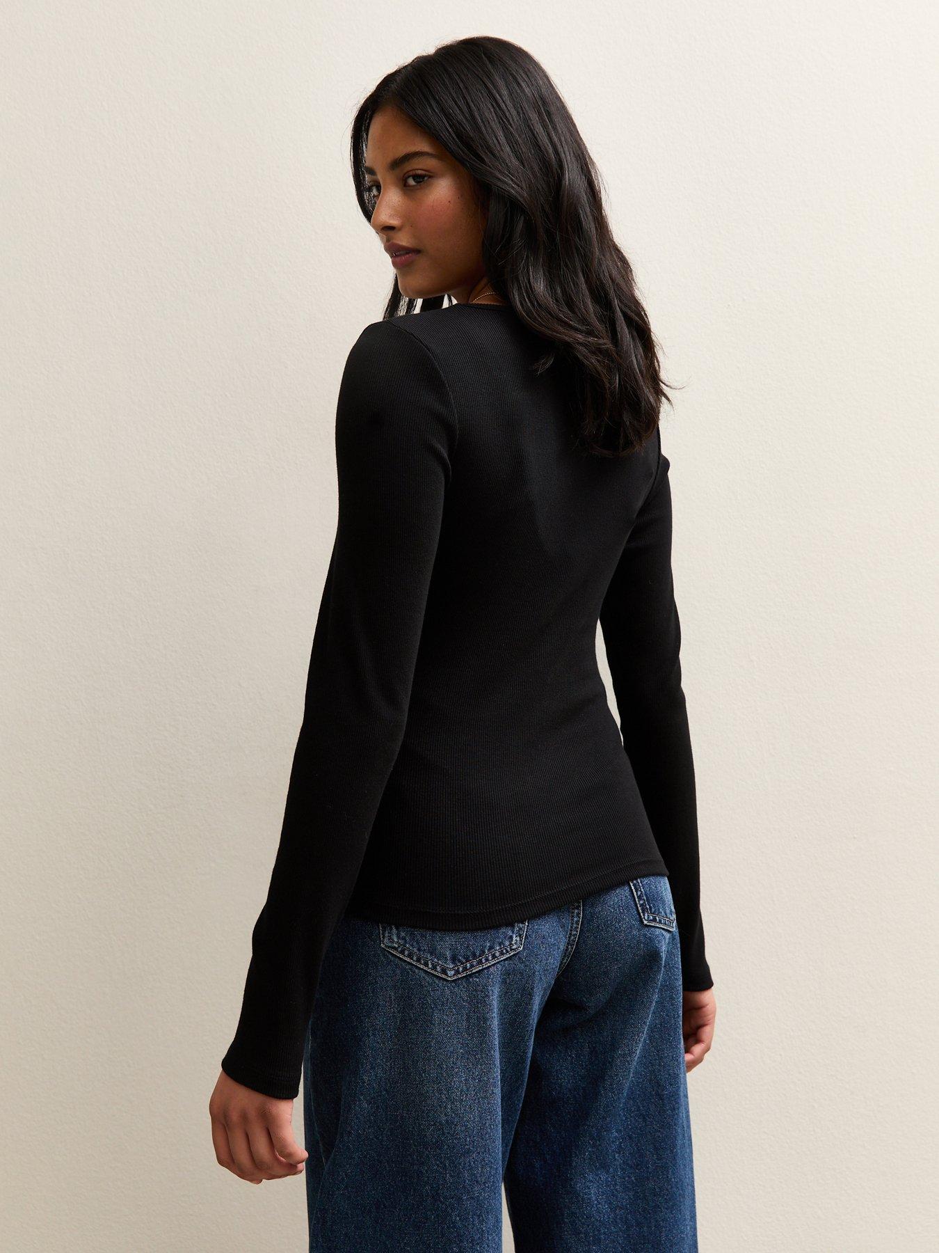 image of new-look-square-neck-button-detail-long-sleeve-top-black