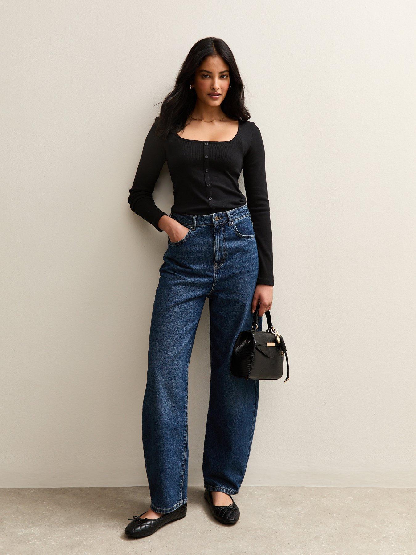  image of new-look-square-neck-button-detail-long-sleeve-top-black