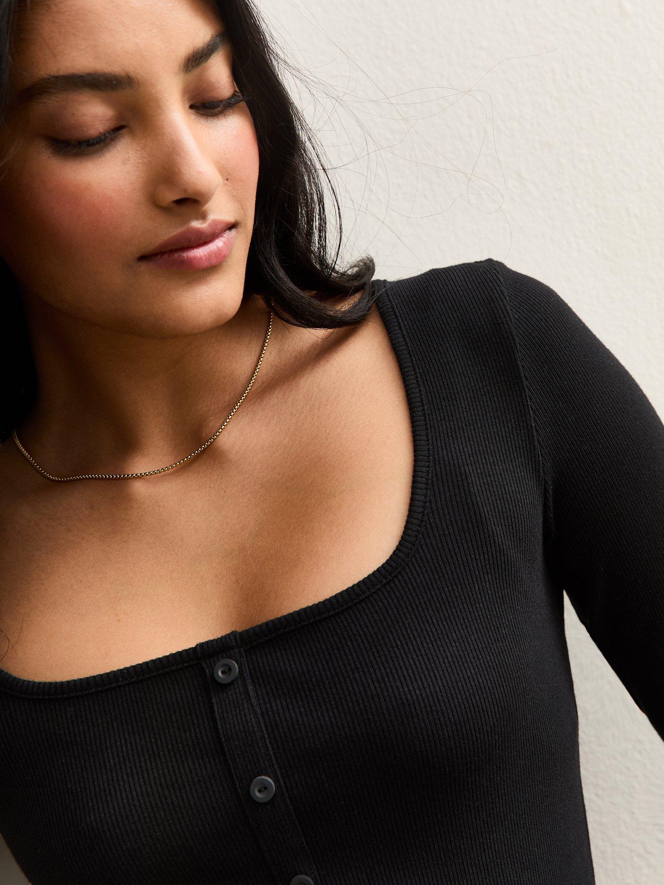  image of new-look-square-neck-button-detail-long-sleeve-top-black
