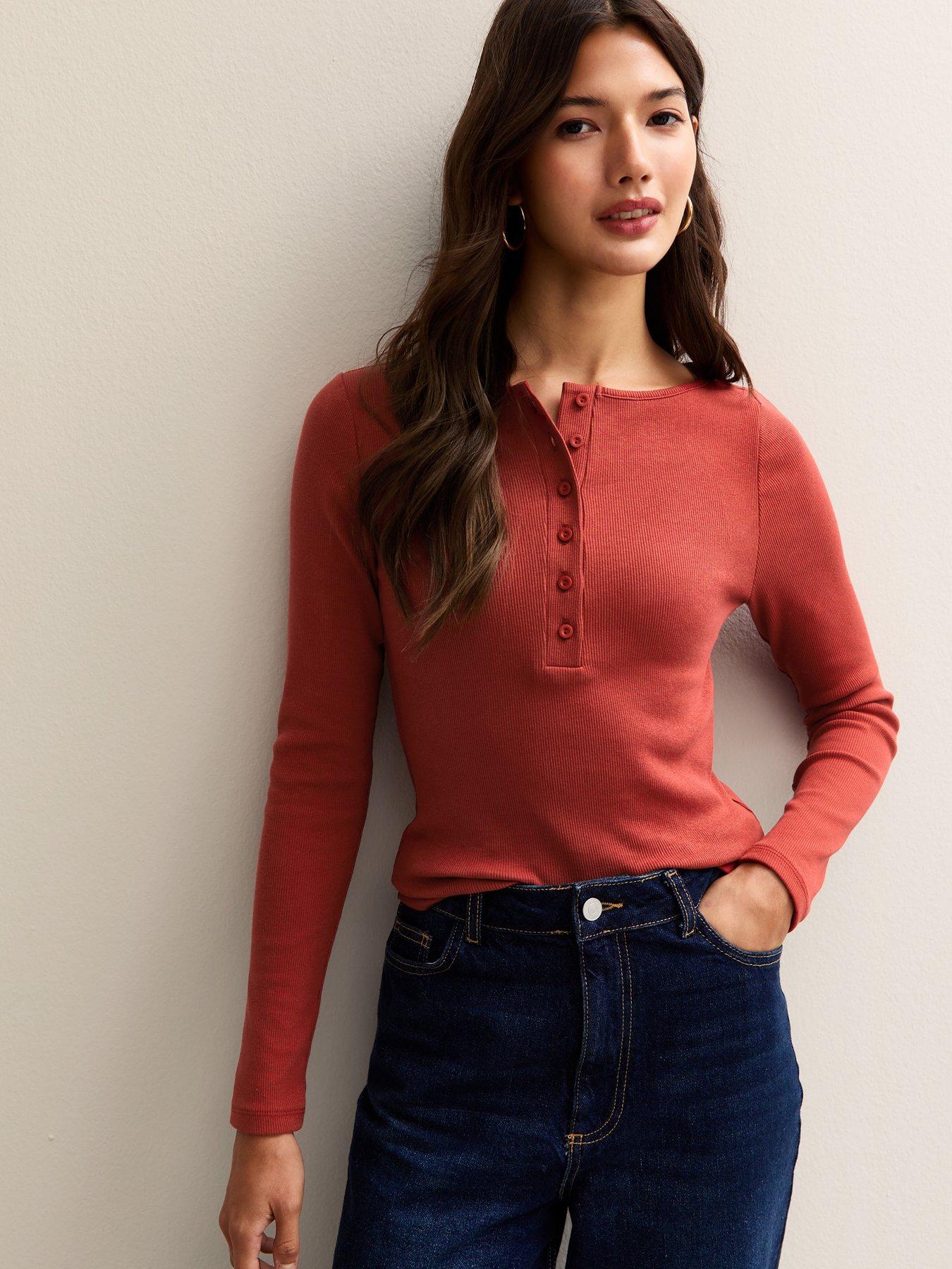  image of new-look-long-sleeve-henley-top-red