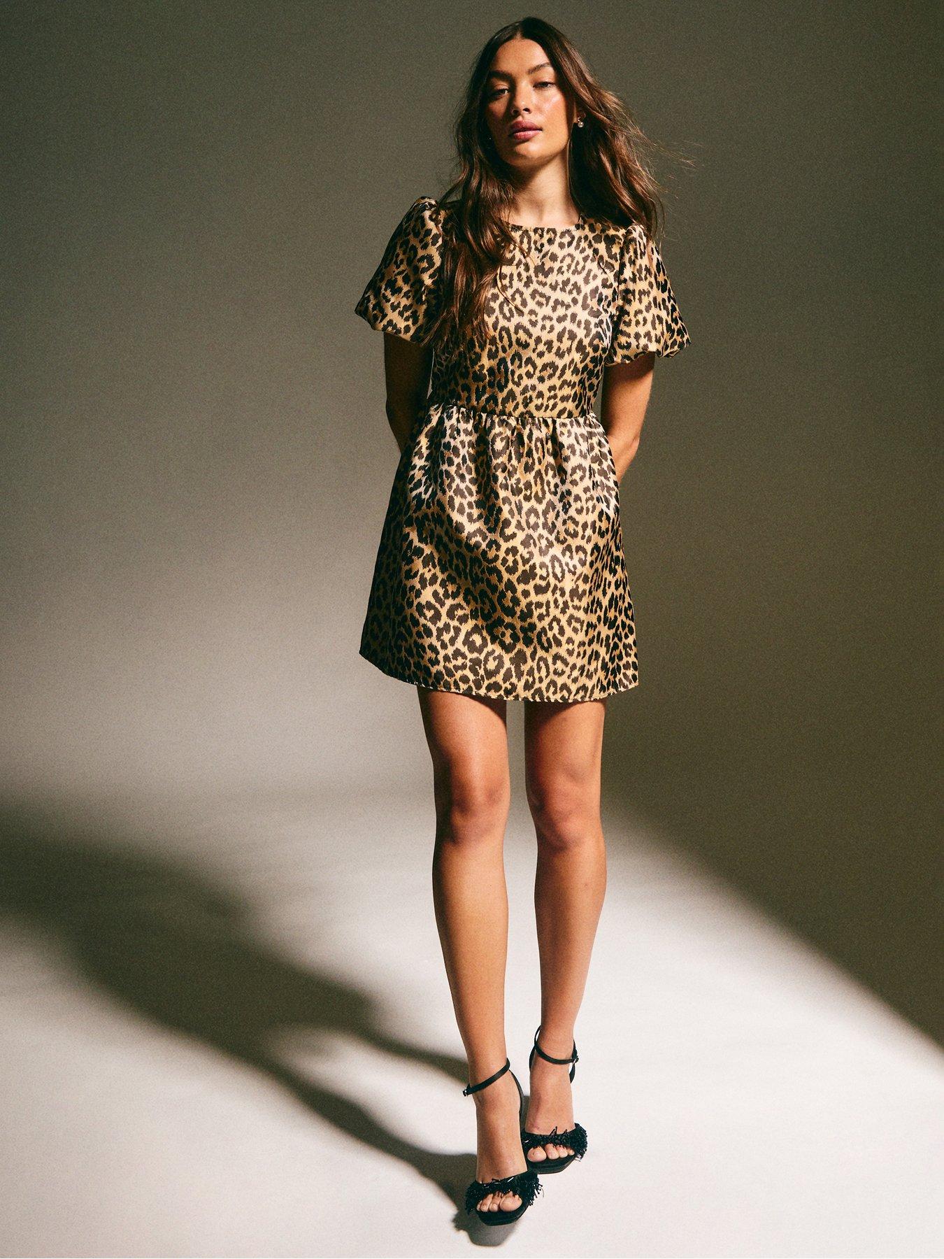 Image 3 of 5 of New Look Leopard Print Jacquard Mini Dress - Brown