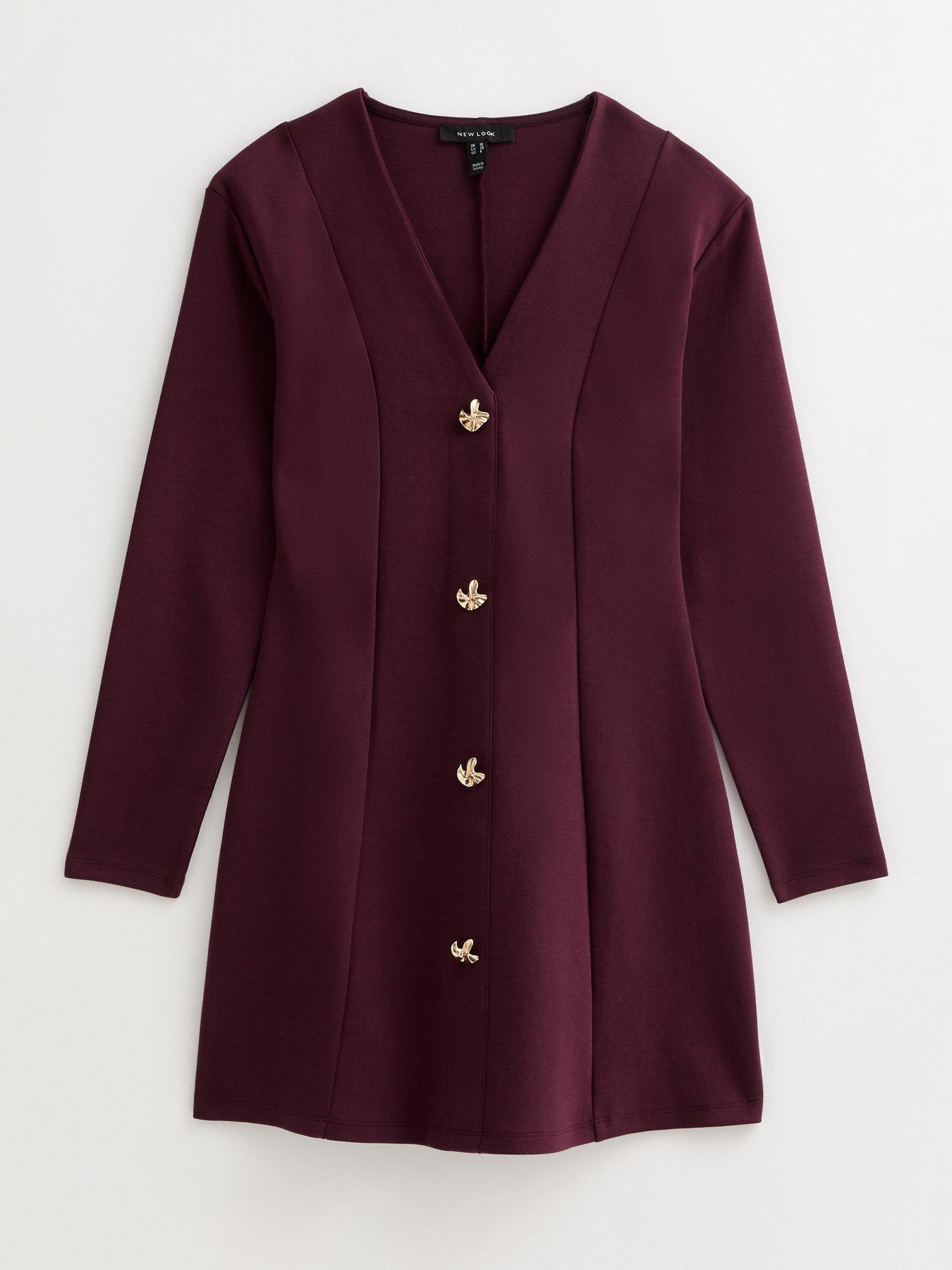 Image 6 of 6 of New Look Dark Burgundy Buttoned Stretch Jersey Mini Dress