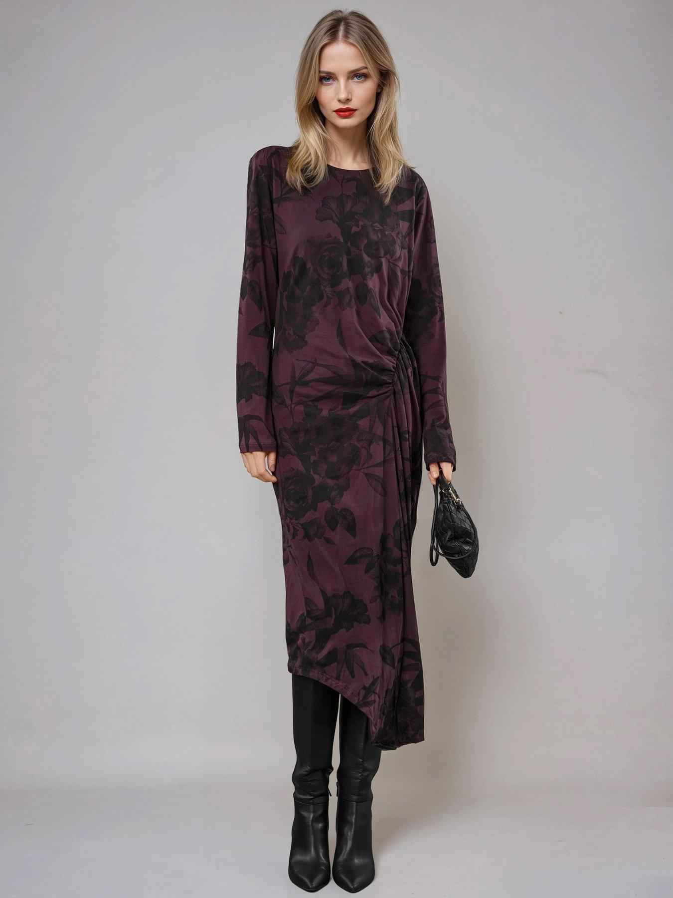 Image 1 of 6 of Religion Long Sleeved Drape Floral Jersey Dress - Purple