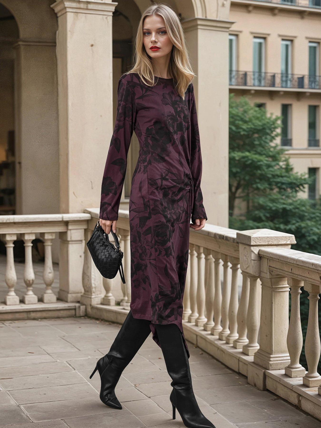 Image 5 of 6 of Religion Long Sleeved Drape Floral Jersey Dress - Purple