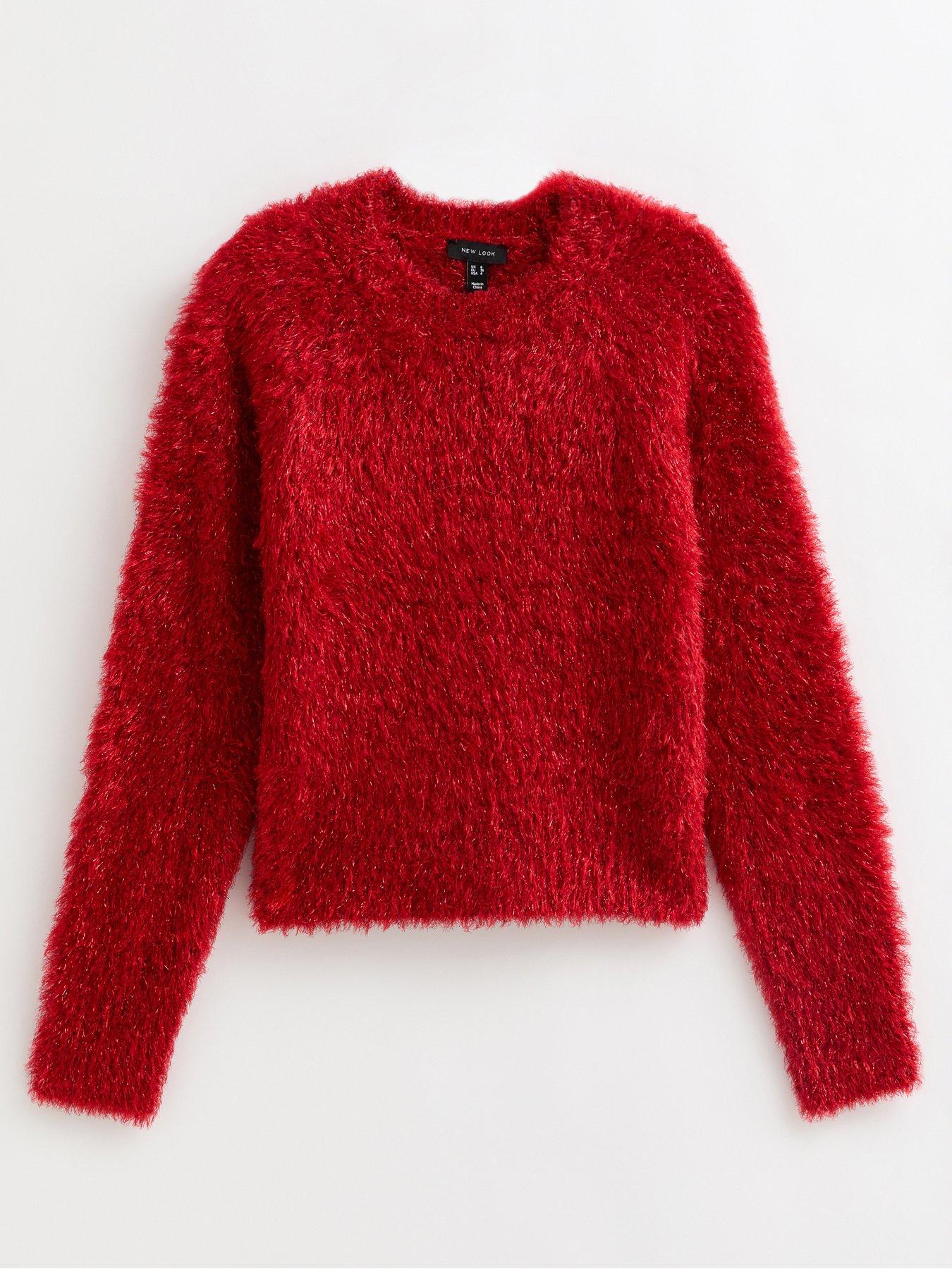  image of new-look-sparkle-knit-crew-neck-jumper-red
