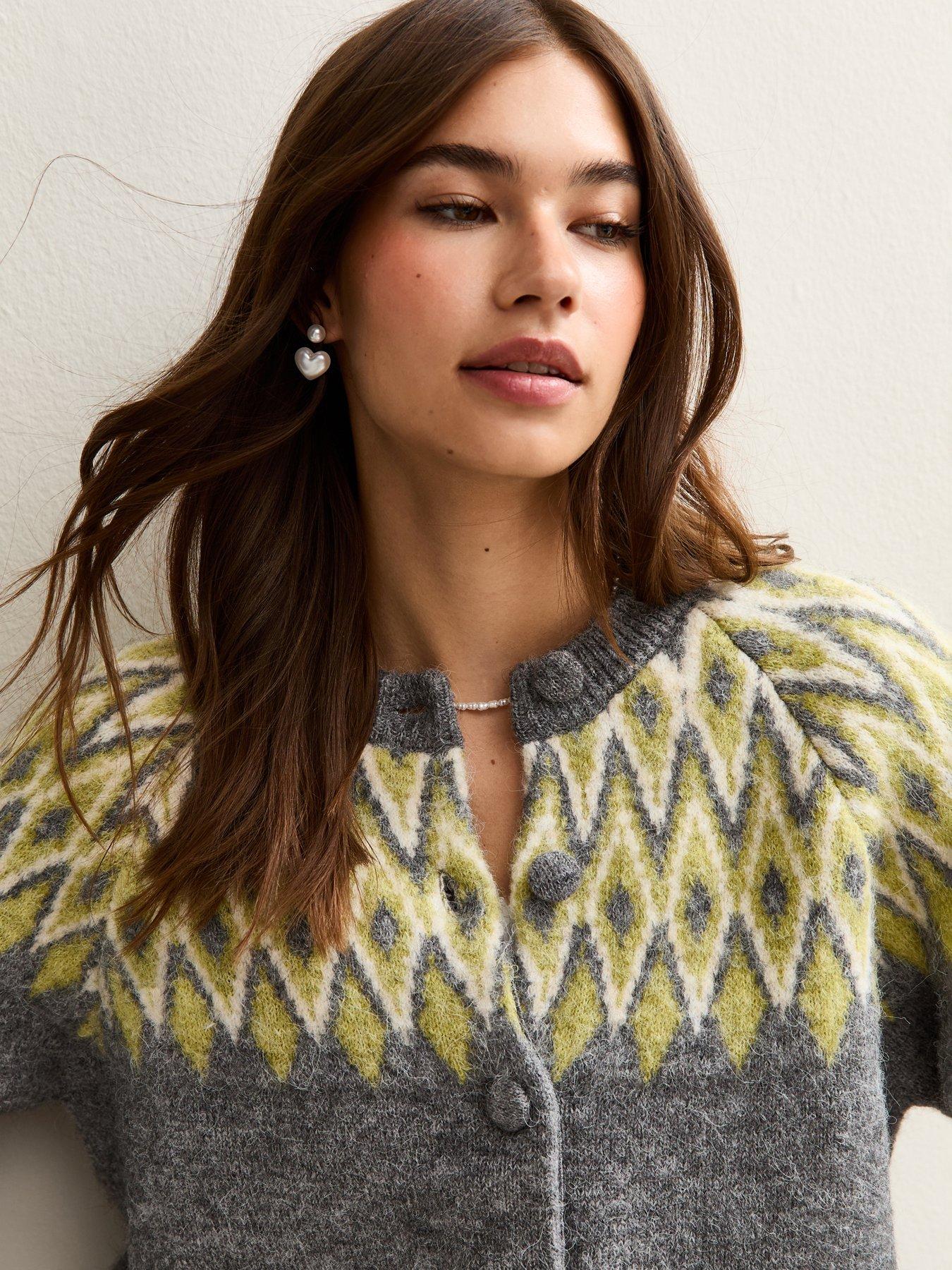 Image 4 of 5 of New Look Grey Fairisle Crew Neck Cardigan