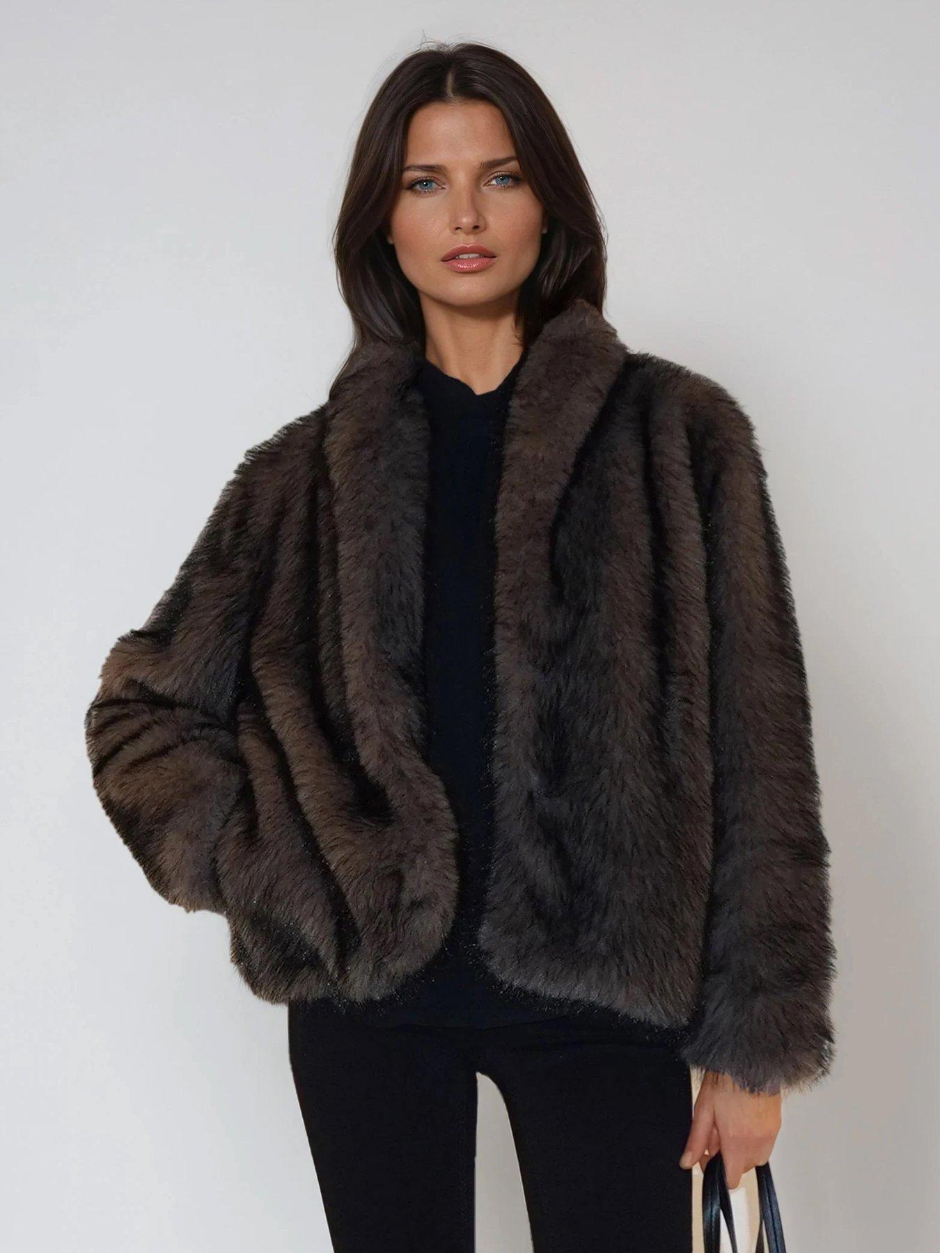 Image 1 of 6 of Religion Short Luna Faux Fur Coat - Brown