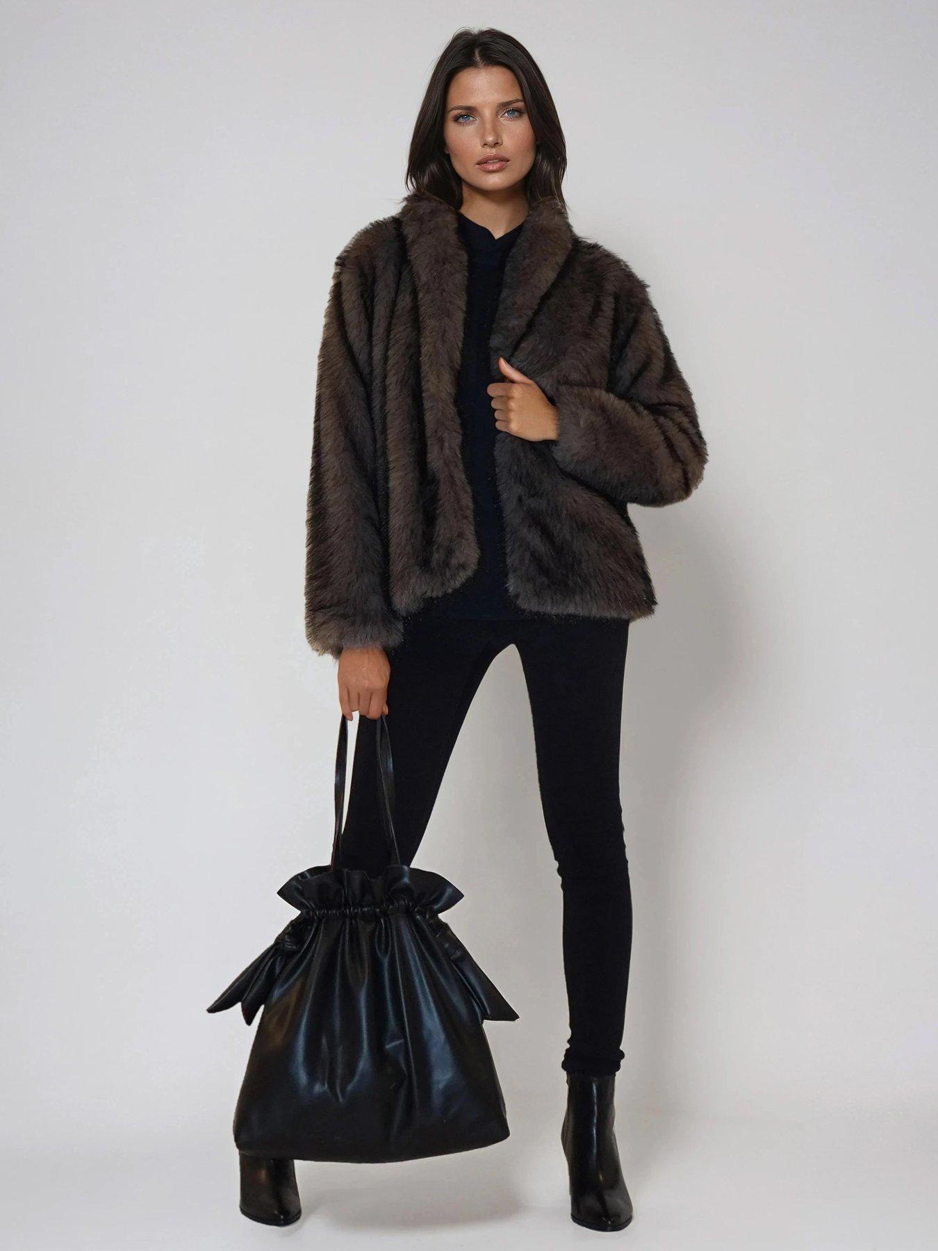 Image 3 of 6 of Religion Short Luna Faux Fur Coat - Brown