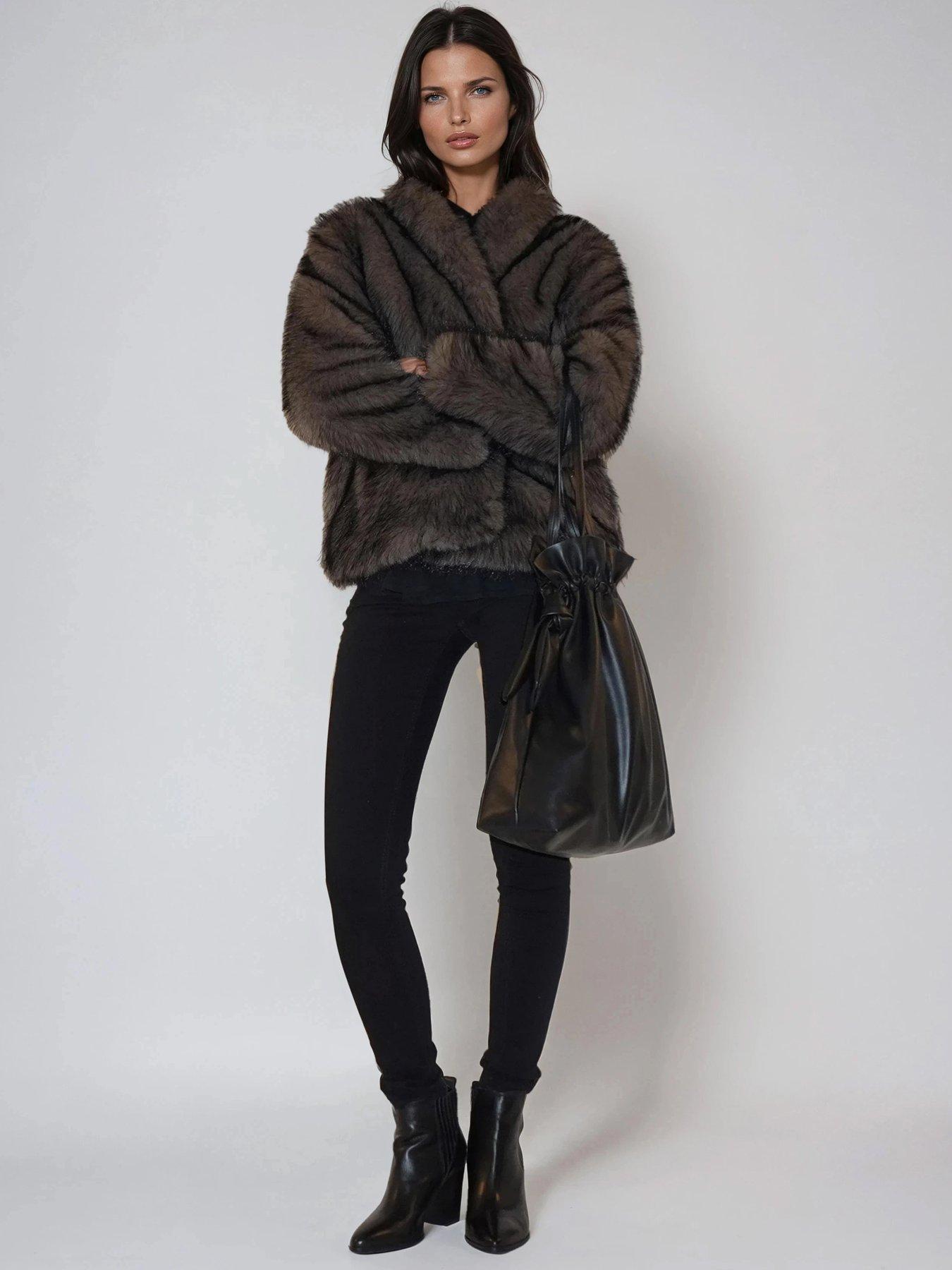Image 4 of 6 of Religion Short Luna Faux Fur Coat - Brown