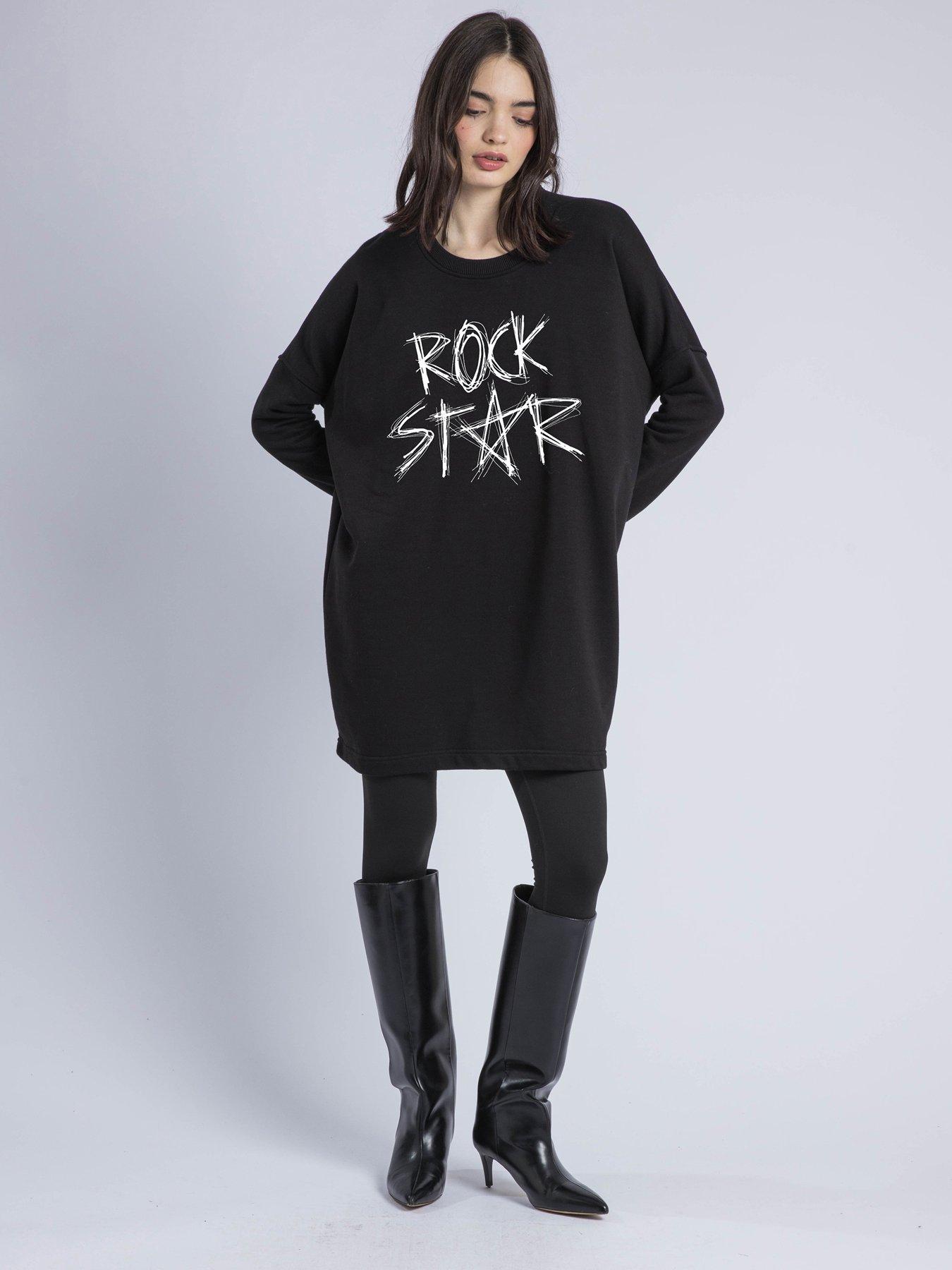 Image 3 of 6 of Religion Flora Embroidered Slogan Sweat Tunic Dress - Black