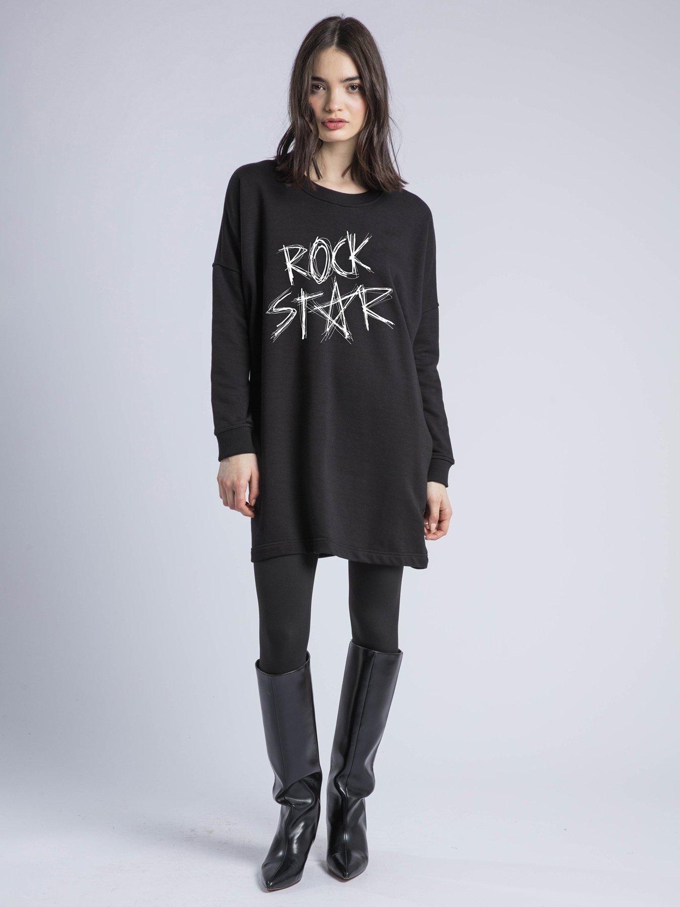 Image 4 of 6 of Religion Flora Embroidered Slogan Sweat Tunic Dress - Black