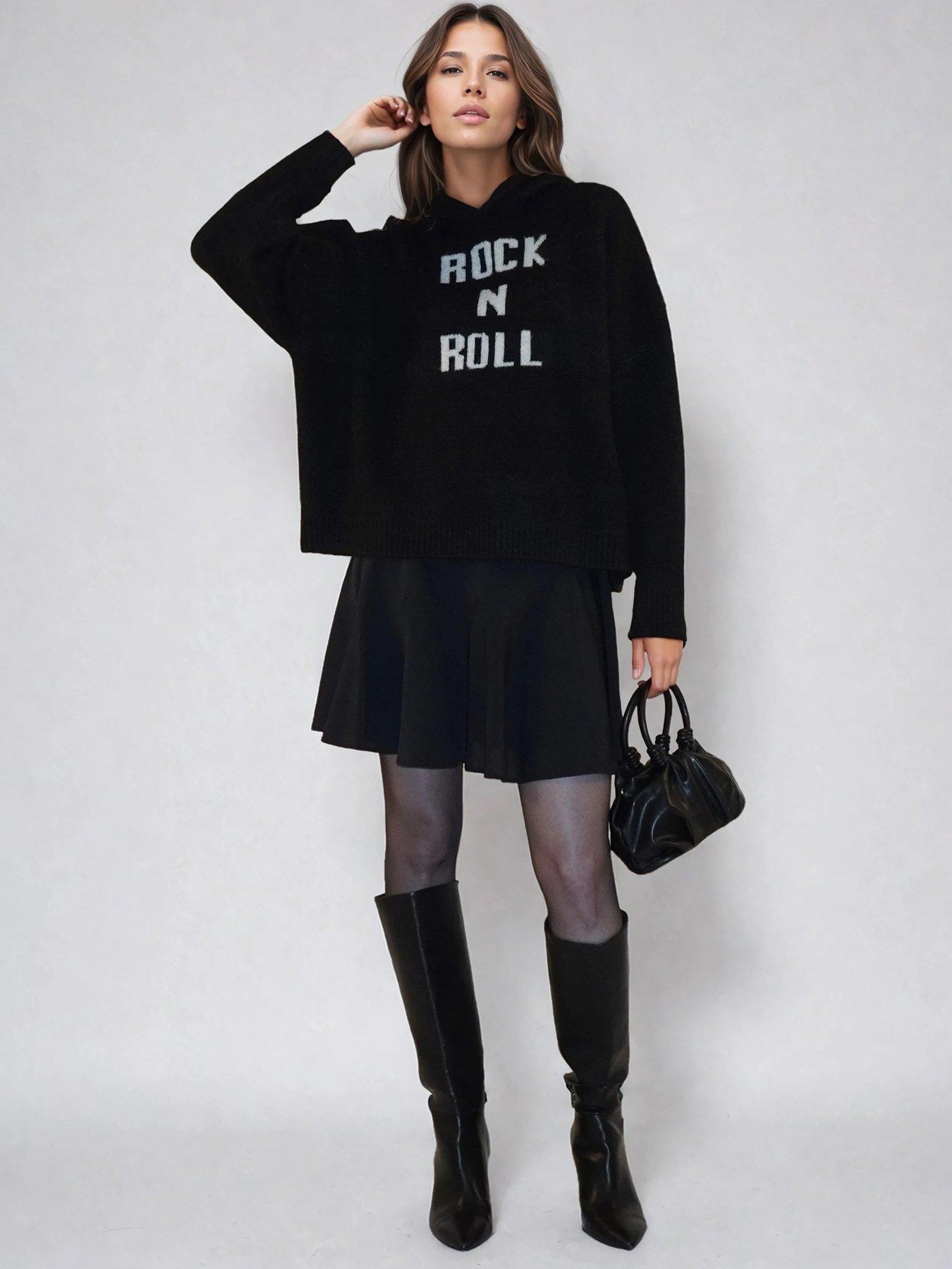  image of religion-rock-n-roll-slogan-courtney-soft-yarn-hoody-jumper-black