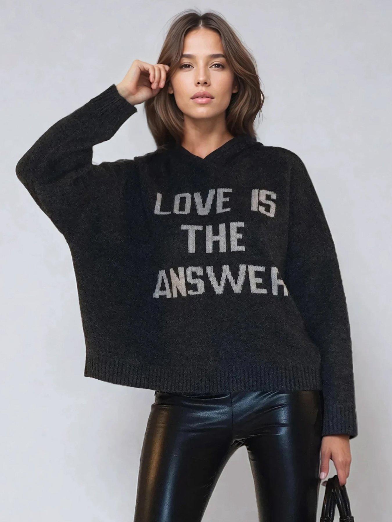 front image of religion-courtney-slogan-soft-yarn-hoody-jumper-grey