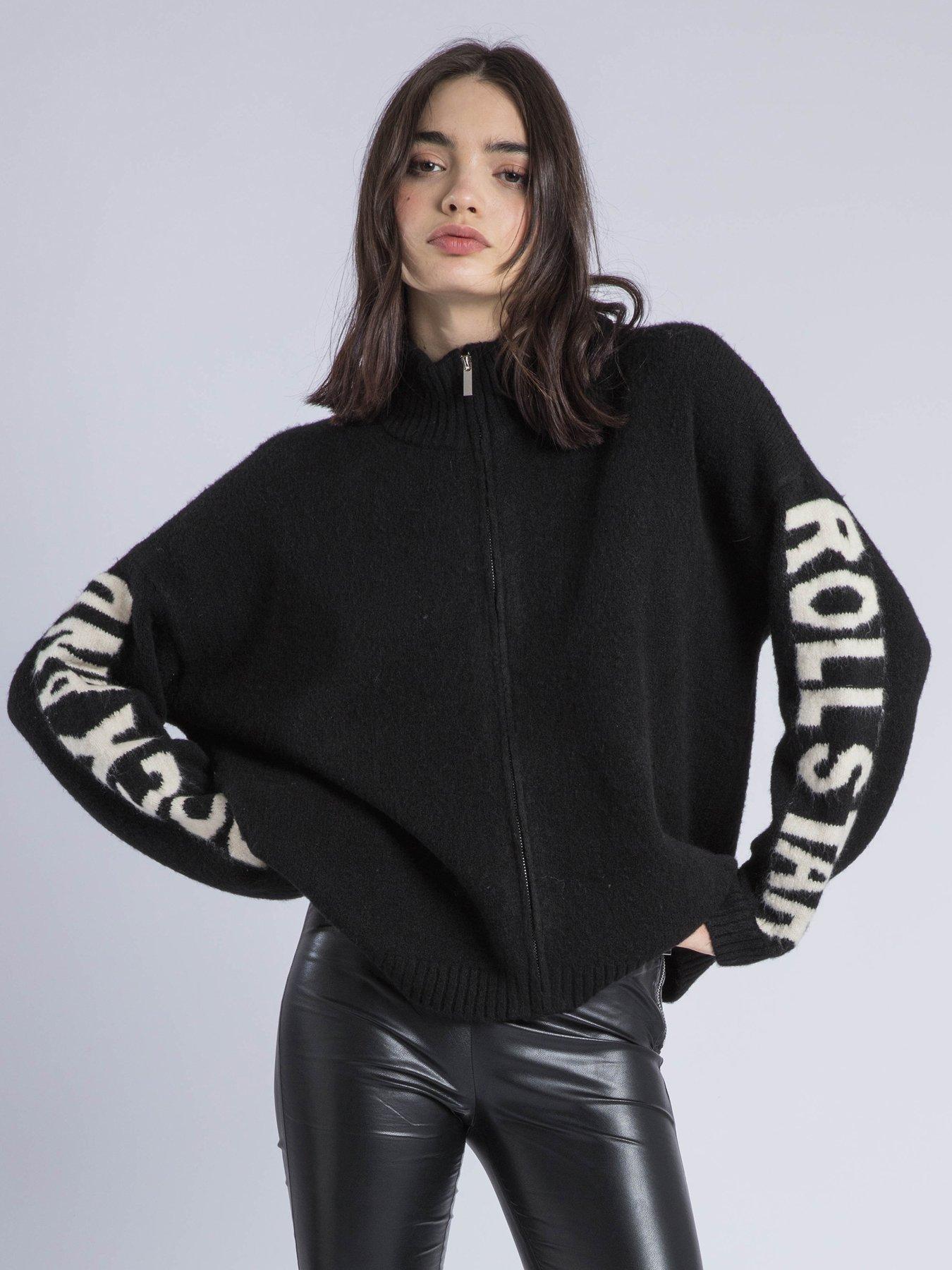 undefined Phoebe Zip Through Slogan Sleeve Cardigan - Black