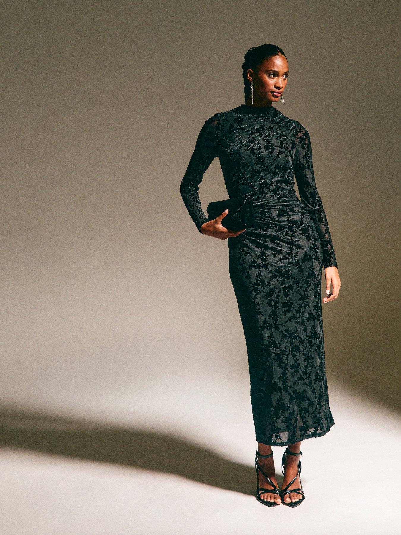New Look Black Velvet Floral Devore Long Sleeve Midi Dress