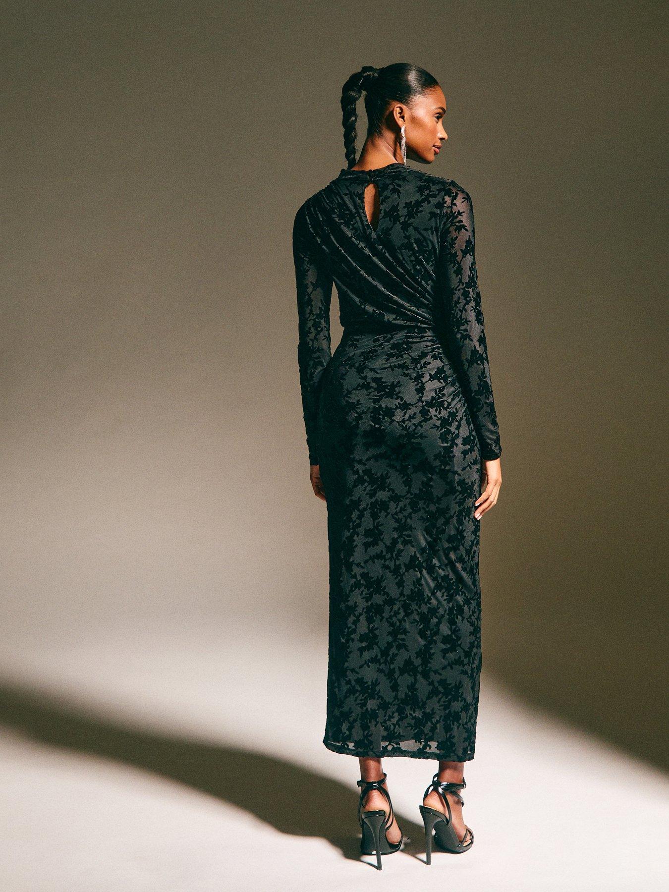  image of new-look-black-velvet-floral-devore-long-sleeve-midi-dress