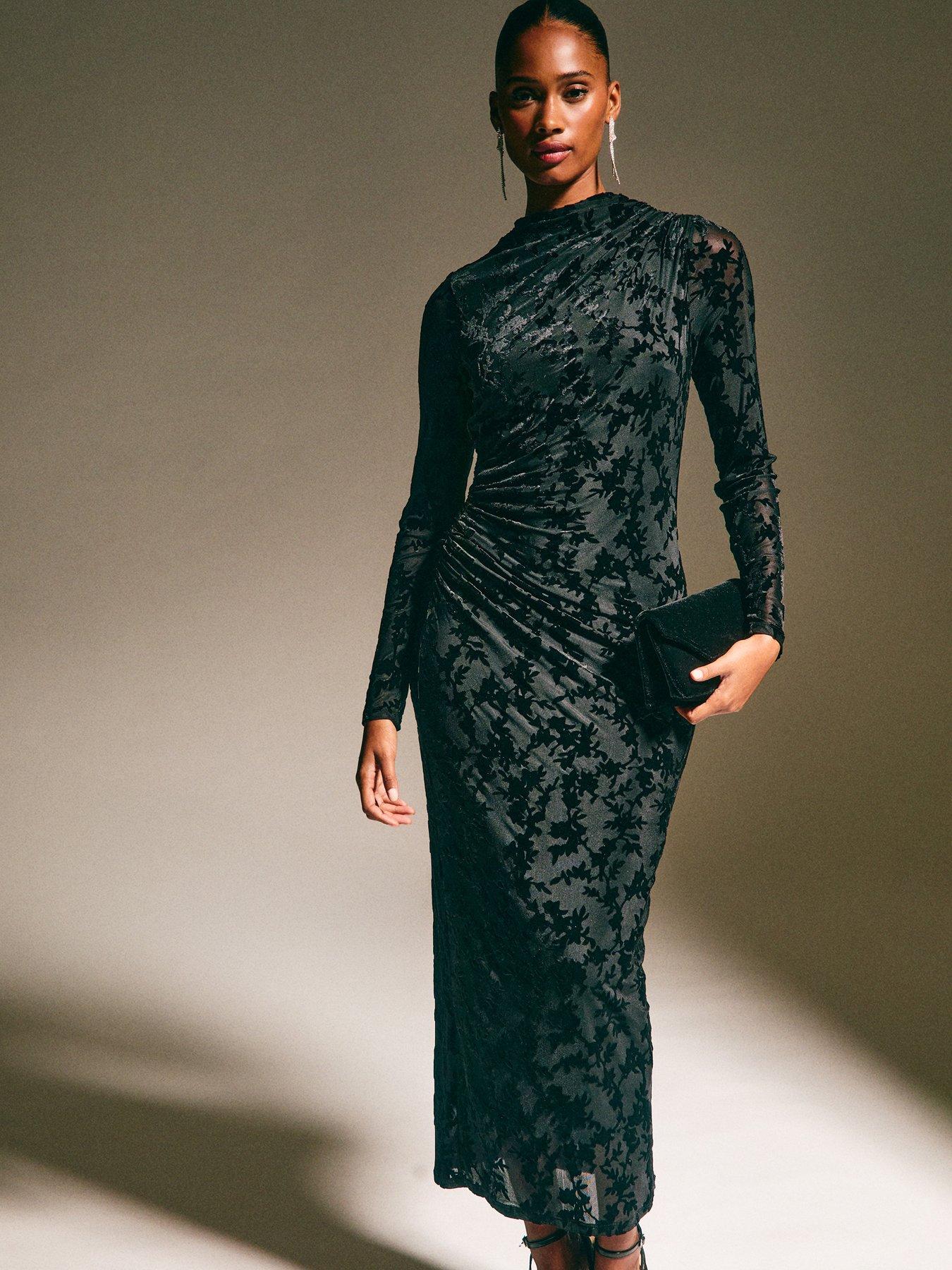  image of new-look-black-velvet-floral-devore-long-sleeve-midi-dress