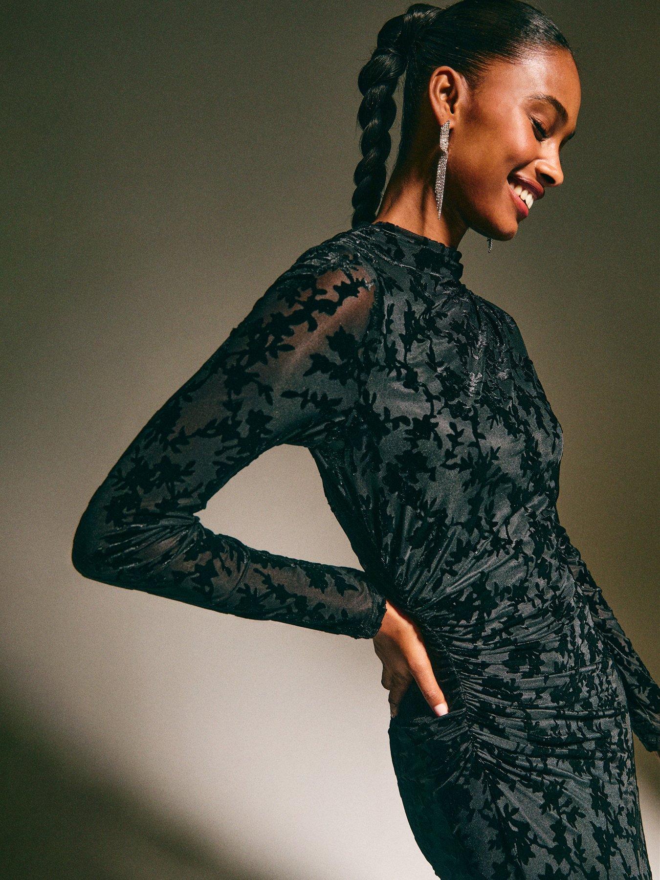  image of new-look-black-velvet-floral-devore-long-sleeve-midi-dress