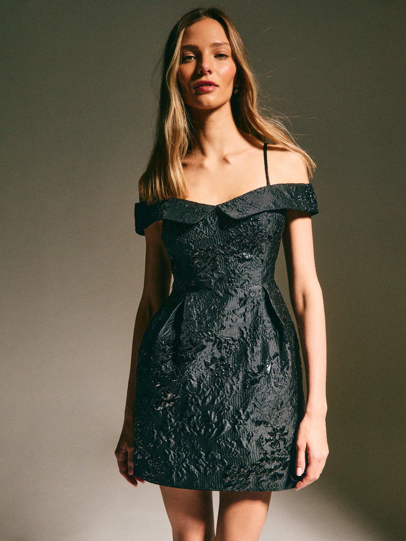 Image 1 of 6 of New Look Floral Jacquard Faux Fur Hem Mini Dress - Black