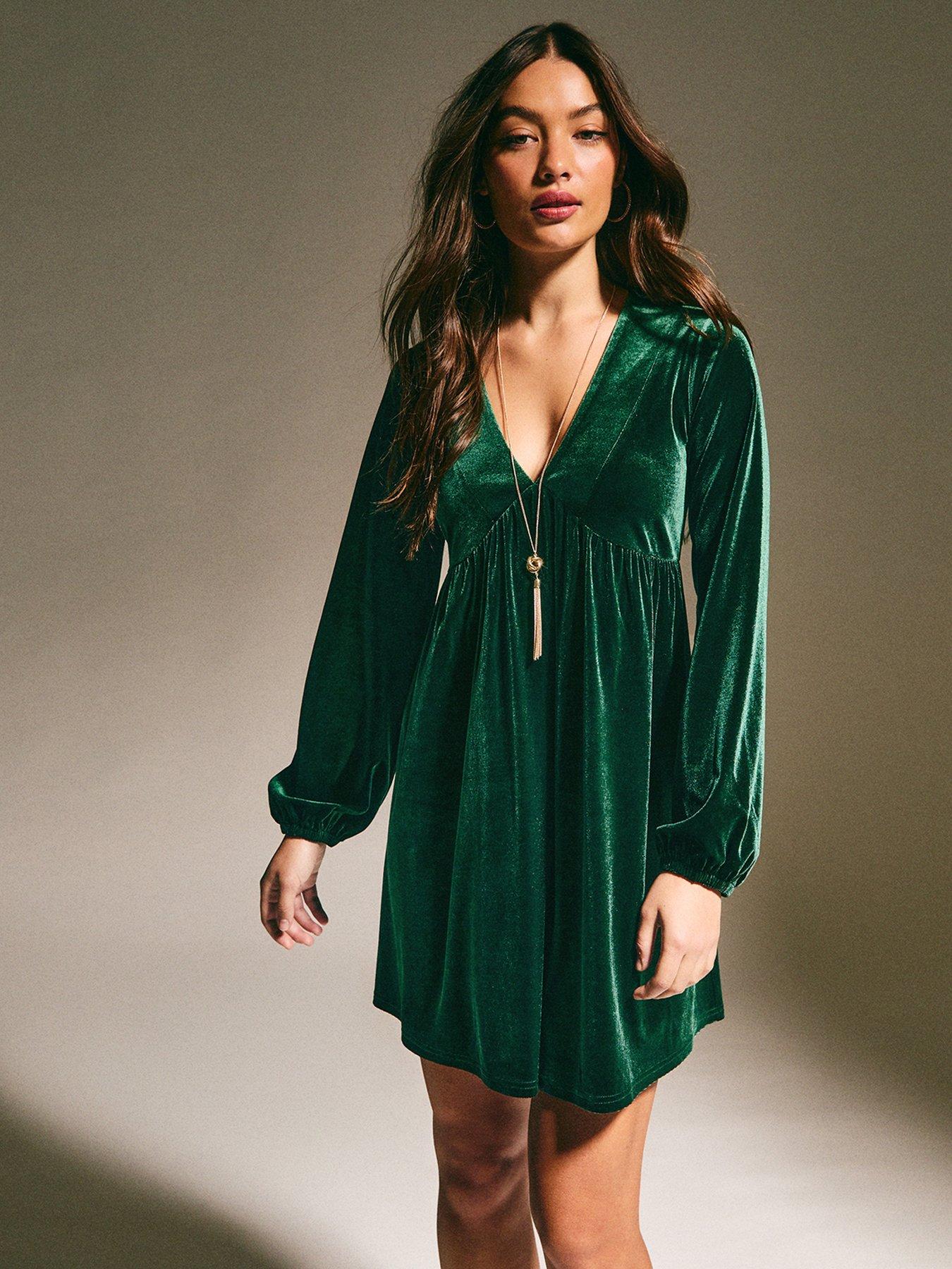 new-look-dark-green-velvet-smock-mini-dress