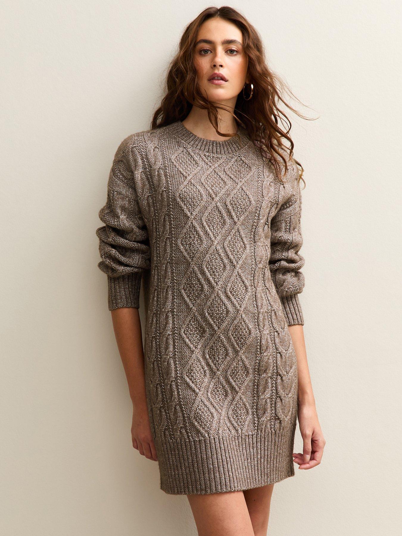 New Look Cable Knit Crew Mini Dress - Brown