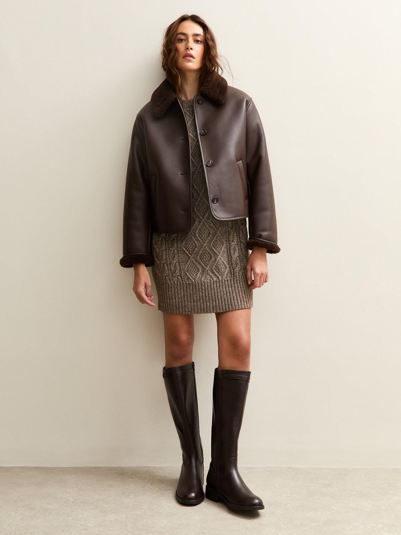  image of new-look-cable-knit-crew-mini-dress-mink