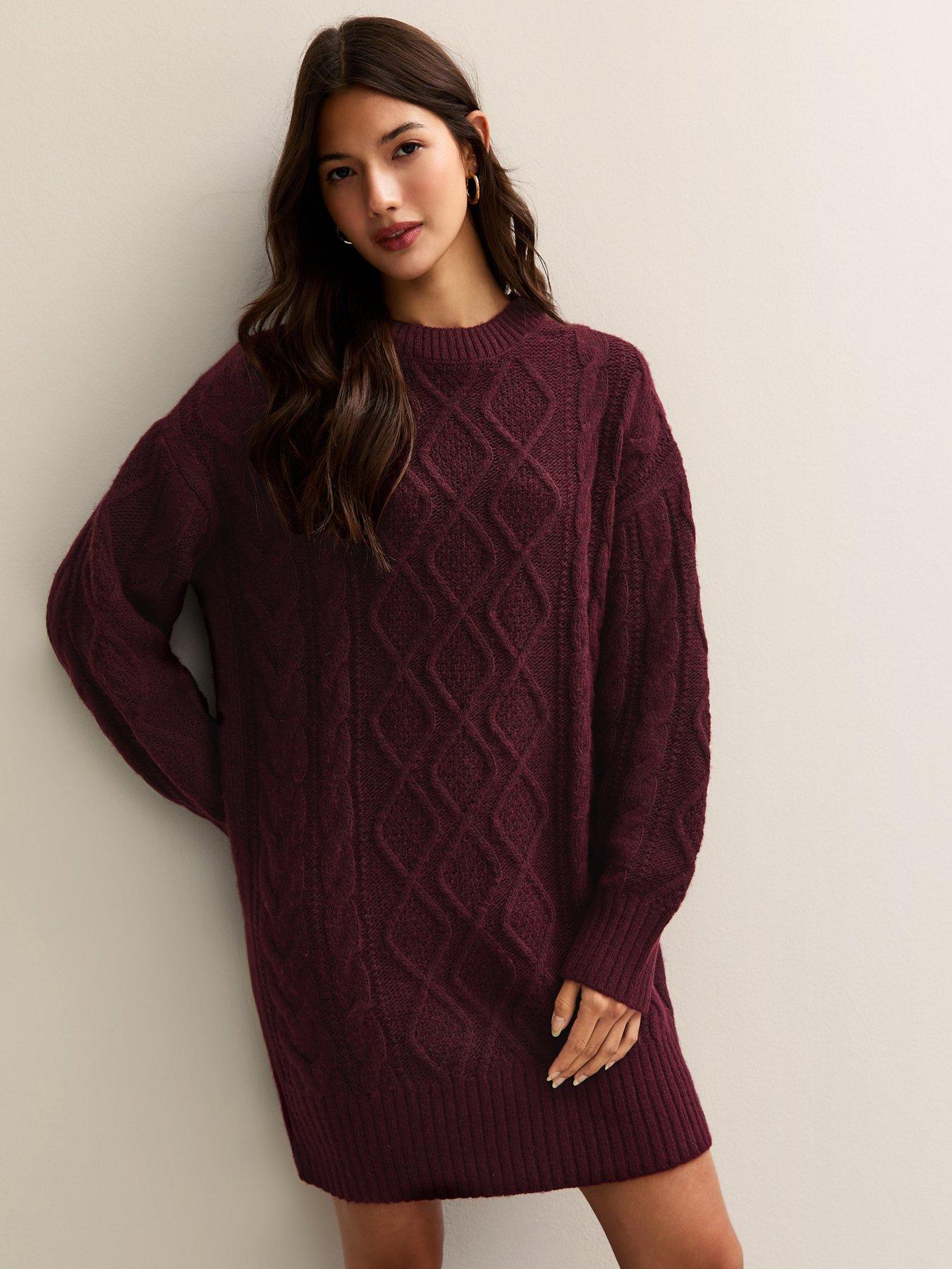 New Look Cable Knit Crew Mini Dress - Burgundy