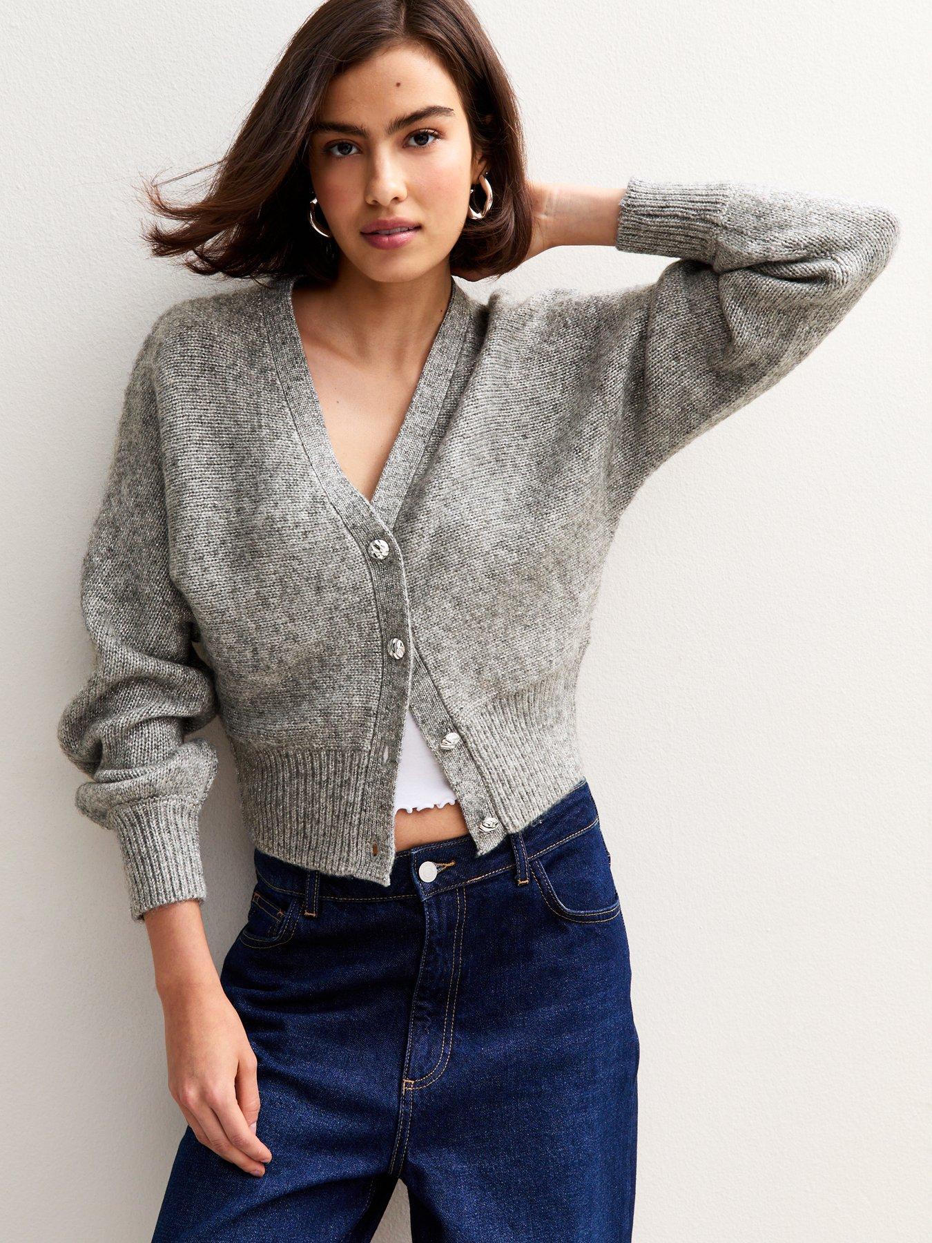 New Look Grey Metallic Knit Batwing Sleeve Cardigan