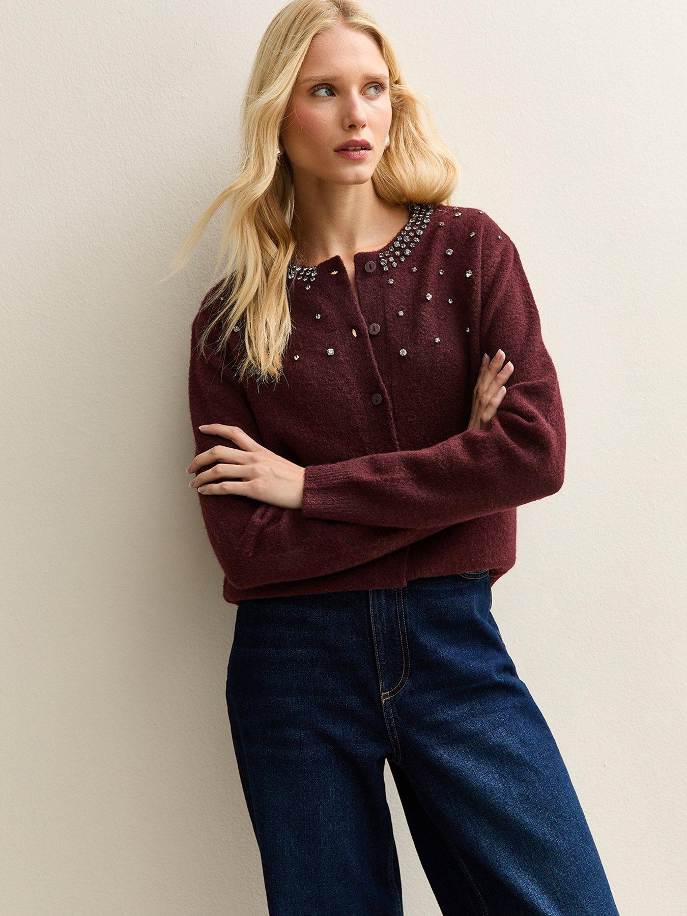 New Look Dark Burgundy Diamanté Embellished Cardigan