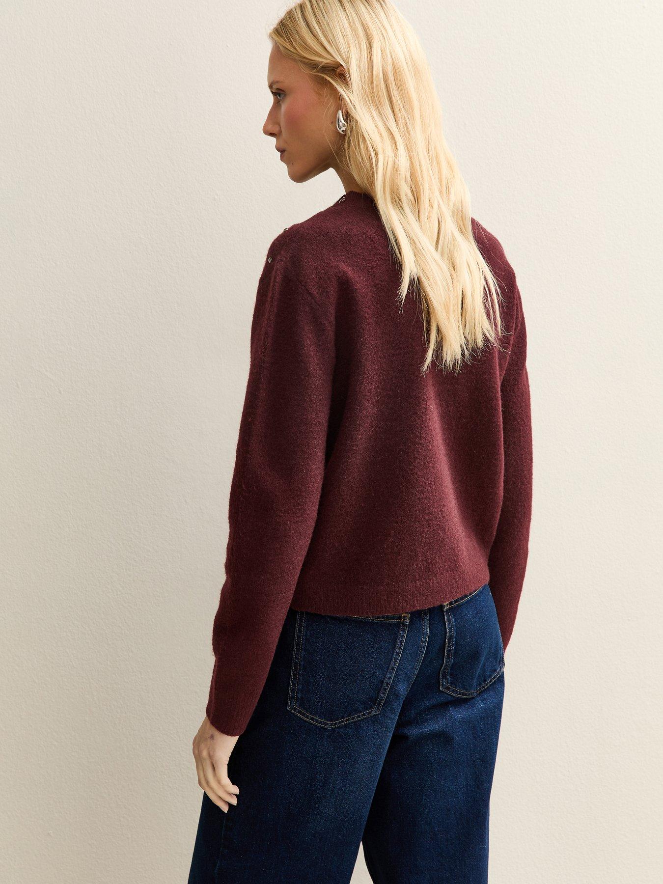  image of new-look-dark-burgundy-diamanteacute-embellished-cardigan