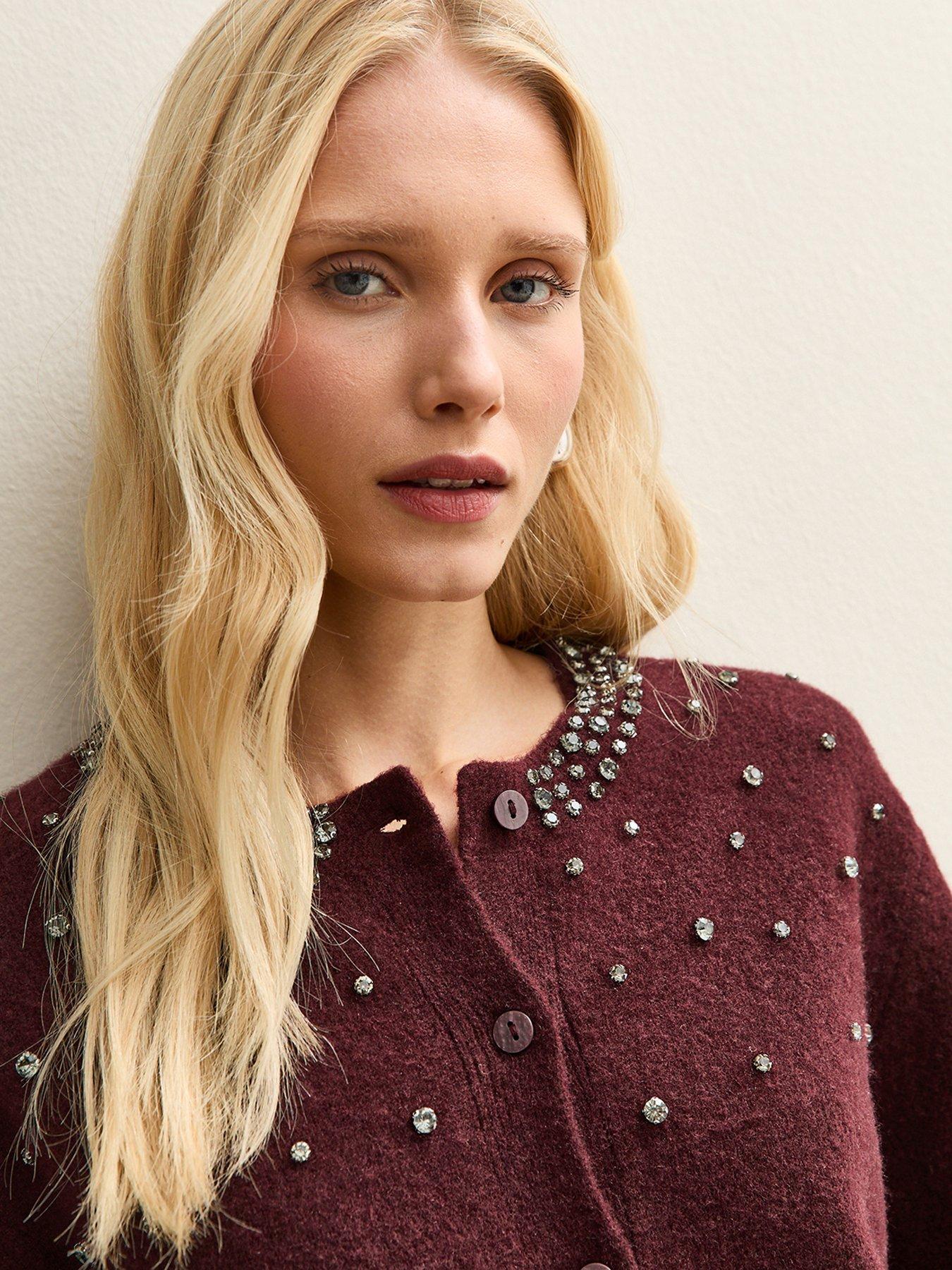  image of new-look-dark-burgundy-diamanteacute-embellished-cardigan