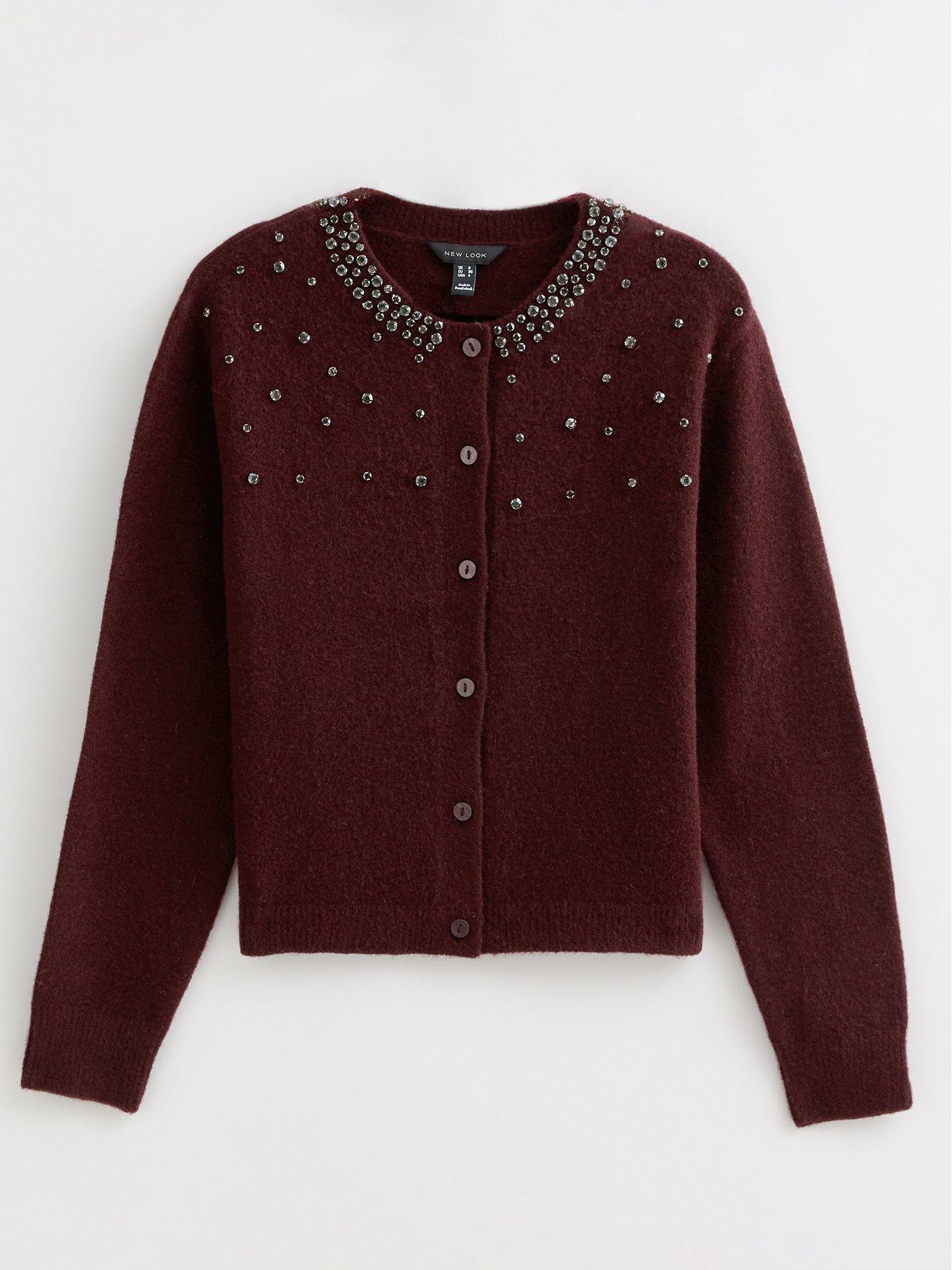  image of new-look-dark-burgundy-diamanteacute-embellished-cardigan