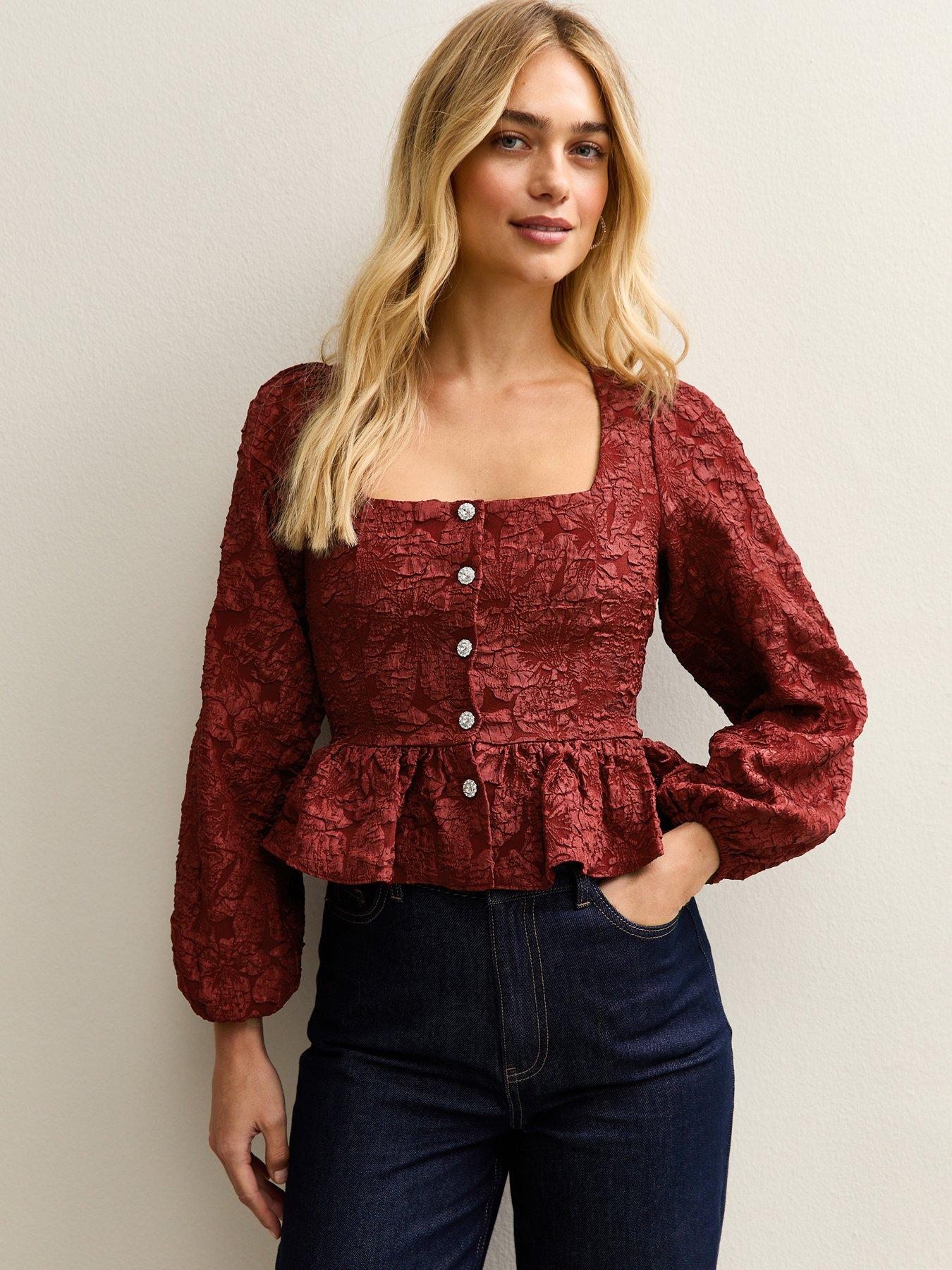 New Look Jacquard Square Neck Button Top - Red