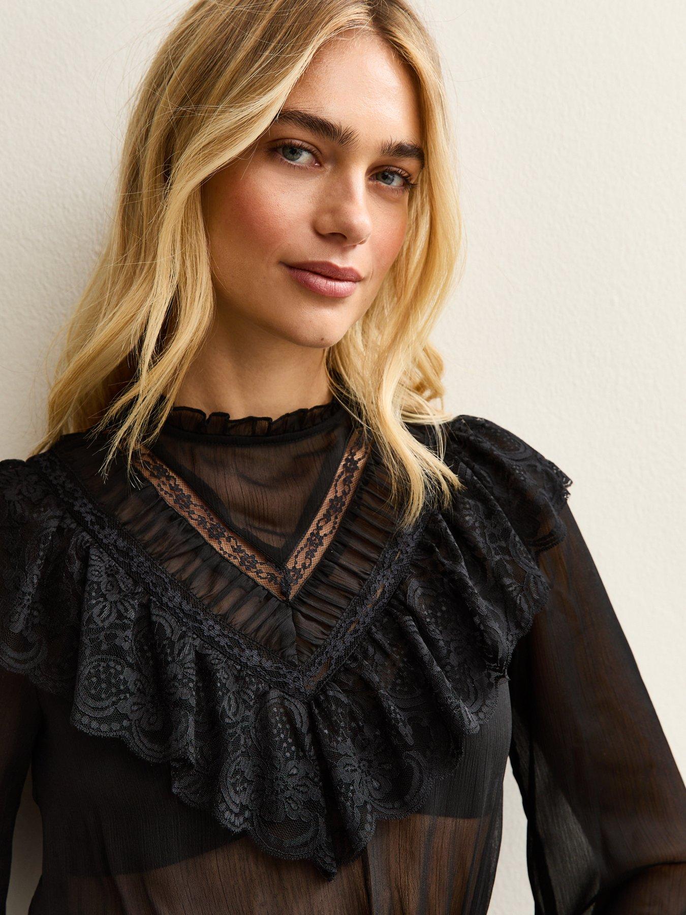  image of new-look-lani-lace-insert-chiffon-high-neck-blouse-black